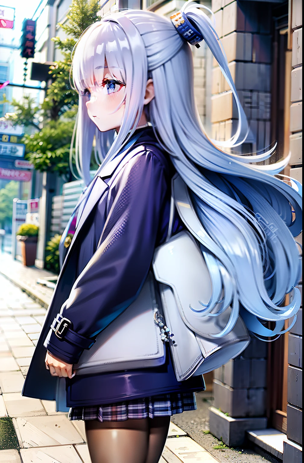 Blue-purple coat，white  clothes，whale，White color hair，bit girl，whales，white stockings