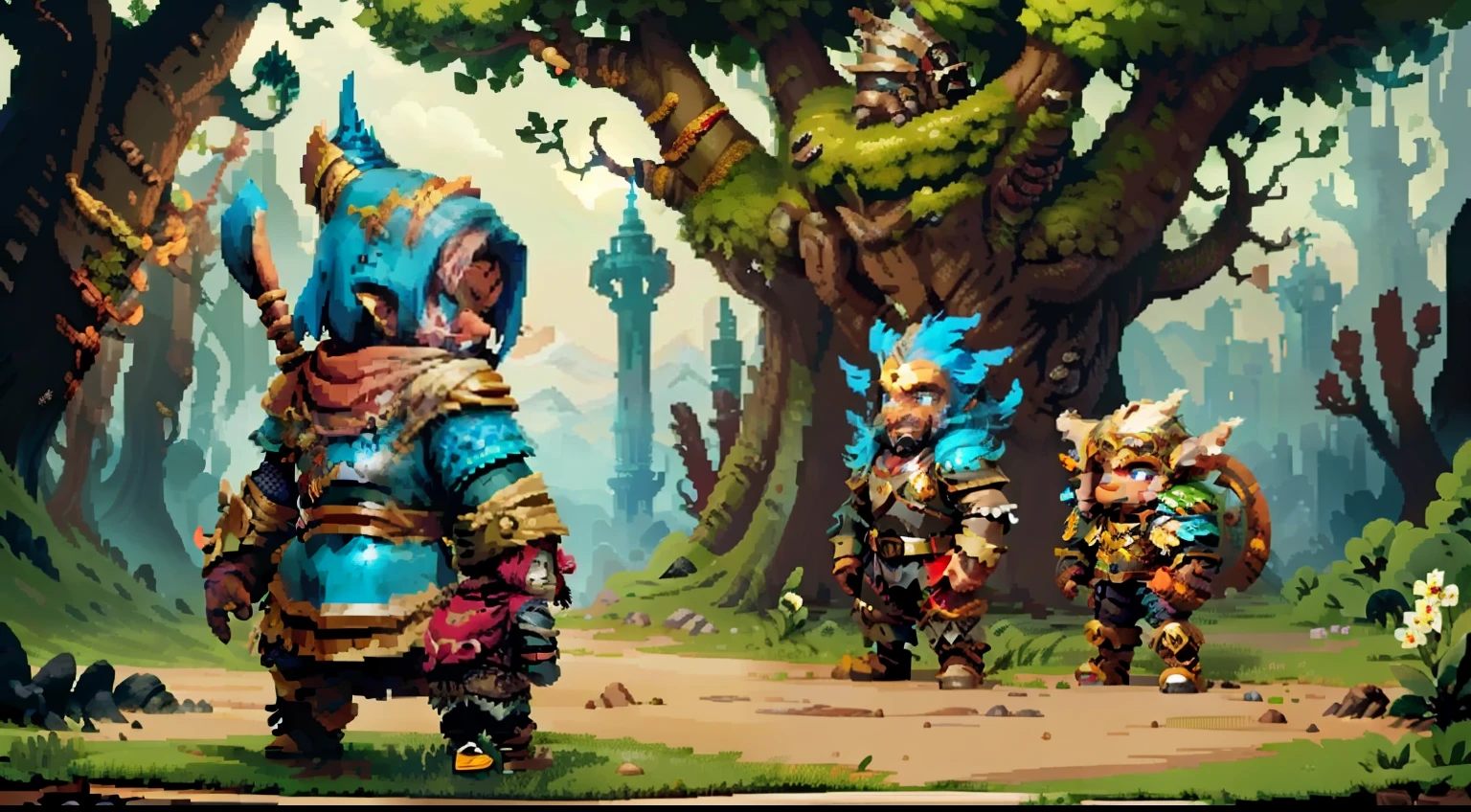 (Pixel art:1.4),Q version《dungeons and dragons》,borgar,warrior,Armor,The tree,A princess,Monsters,Wasteland,drak,((best qualtiy)),super-fine,8K,A detailed,acurate