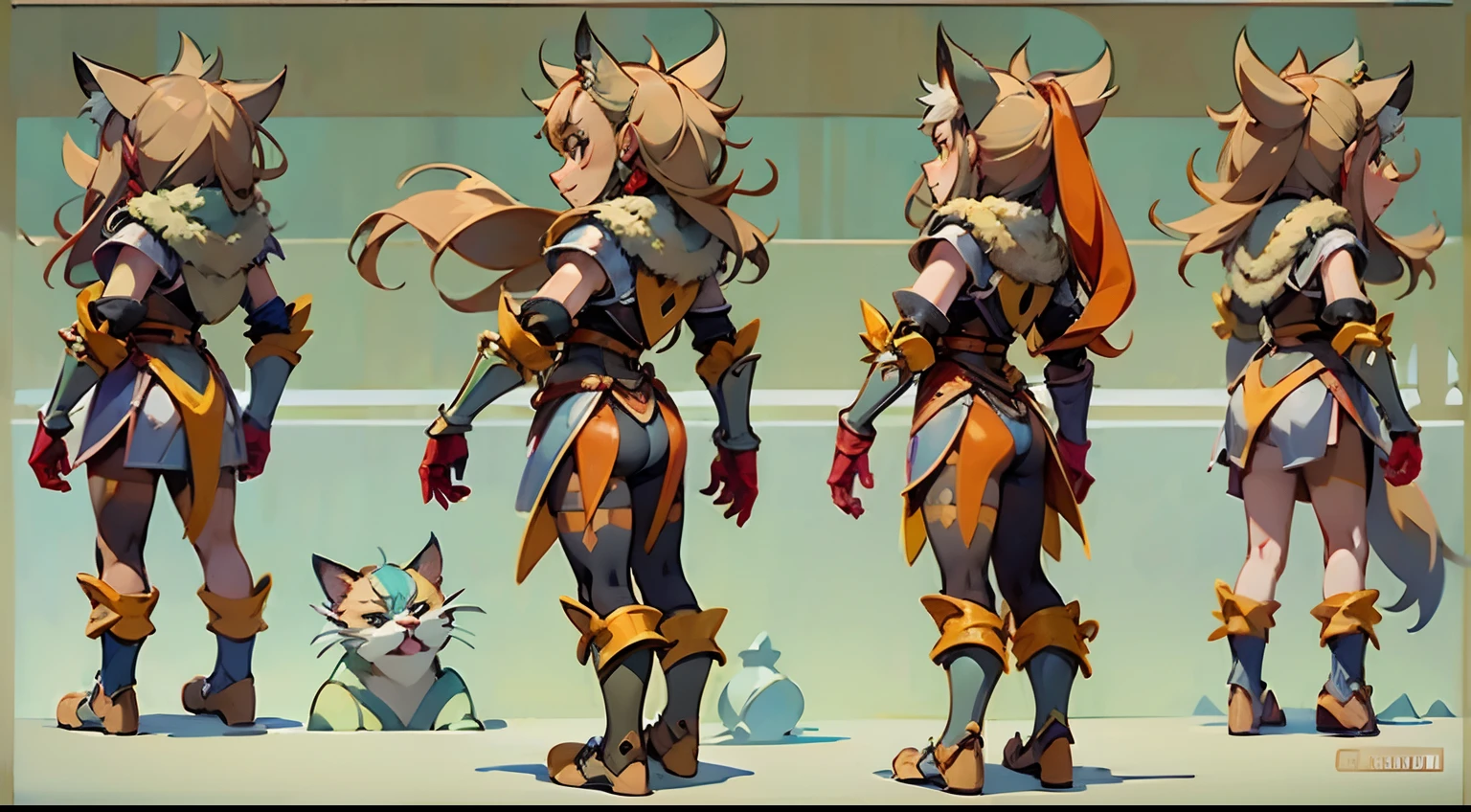 Game character standing drawing design,Disney animation,style of disney animation,Orc female,Cat-eared lady,Leather armor,Fur shoulders,Slim figure,The barefoot,Holding a red dagger,Different layers overlay,Different angles,(Back all over the body:1.4),solid color backdrop,clean backdrop,depth of fields,high light,Real light,Ray traching,OC renderer,UE5 renderer,Hyper-realistic,best qualtiy,8K,Works of masters,super-fine,Detailed pubic hair,Correct anatomy,