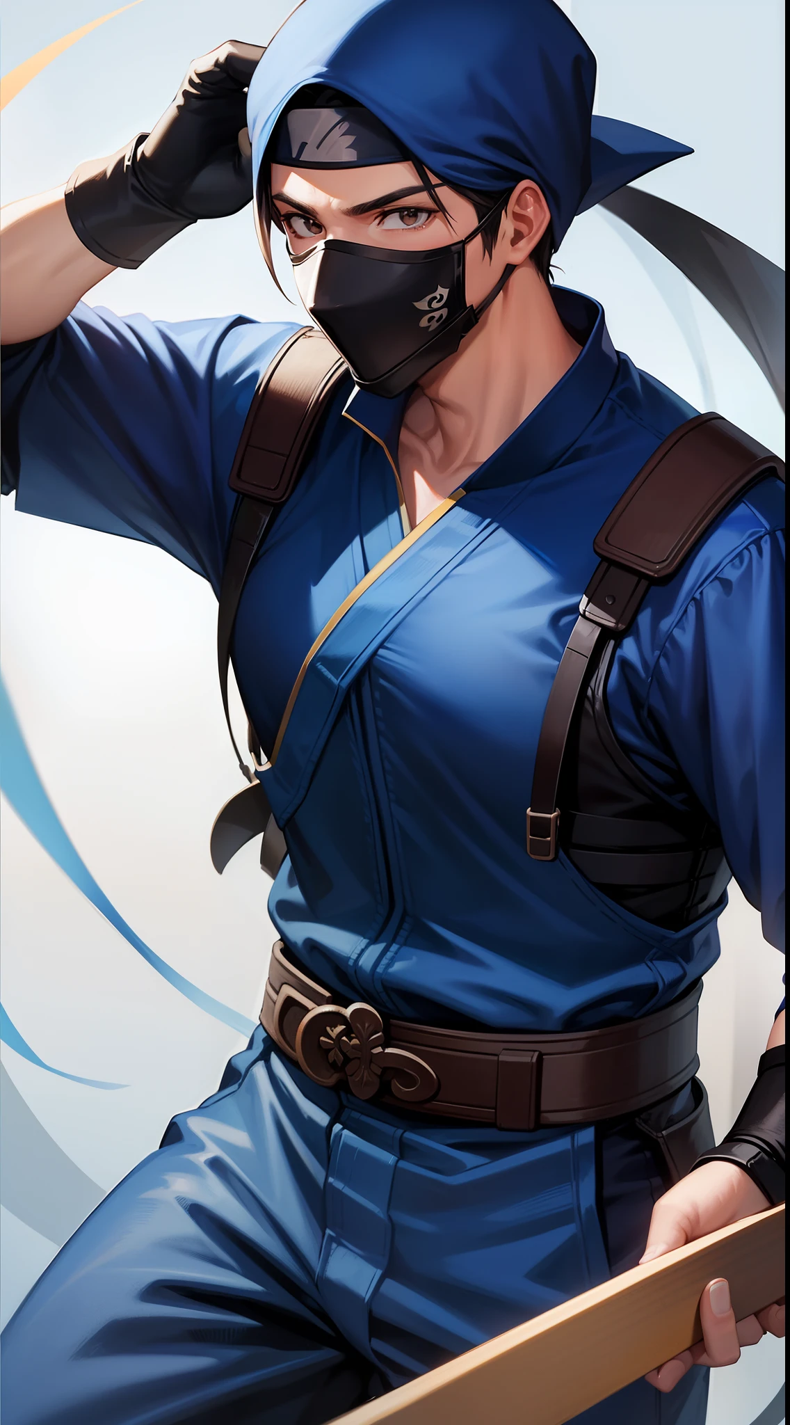 Grown-up guy, ninja, Blue Shinobi Uniform, Brown eyes, mask, Masterpiece, hiquality