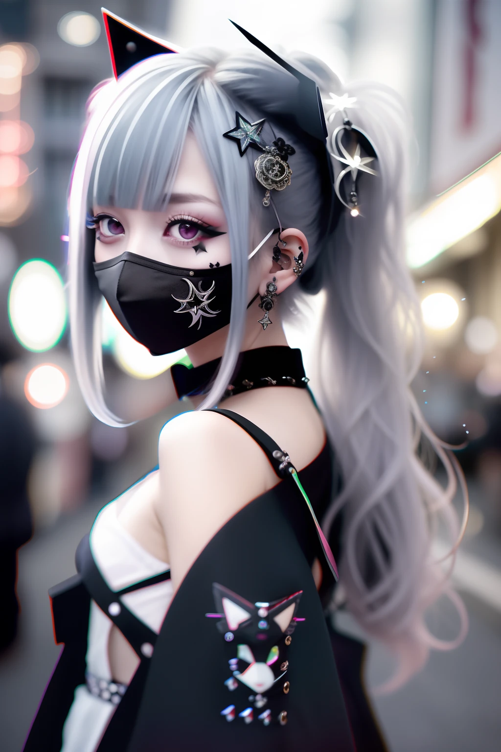 The bikini、goth_punk, 1girl in, 独奏, medium shot, Walking in Harajuku, ((during night)), bokeh dof, neon light, iridescent eyes, starrysky, White sparkling hair, White eyebrows, Radiant hair, (iridescent white hair), 耳Nipple Ring, bangss, jewely, masks, bluntbangs, verd s eyes, Mouth mask, blurry backround, bblurry, hair adornments, Look at viewers, shorth hair, portraitures, side locks