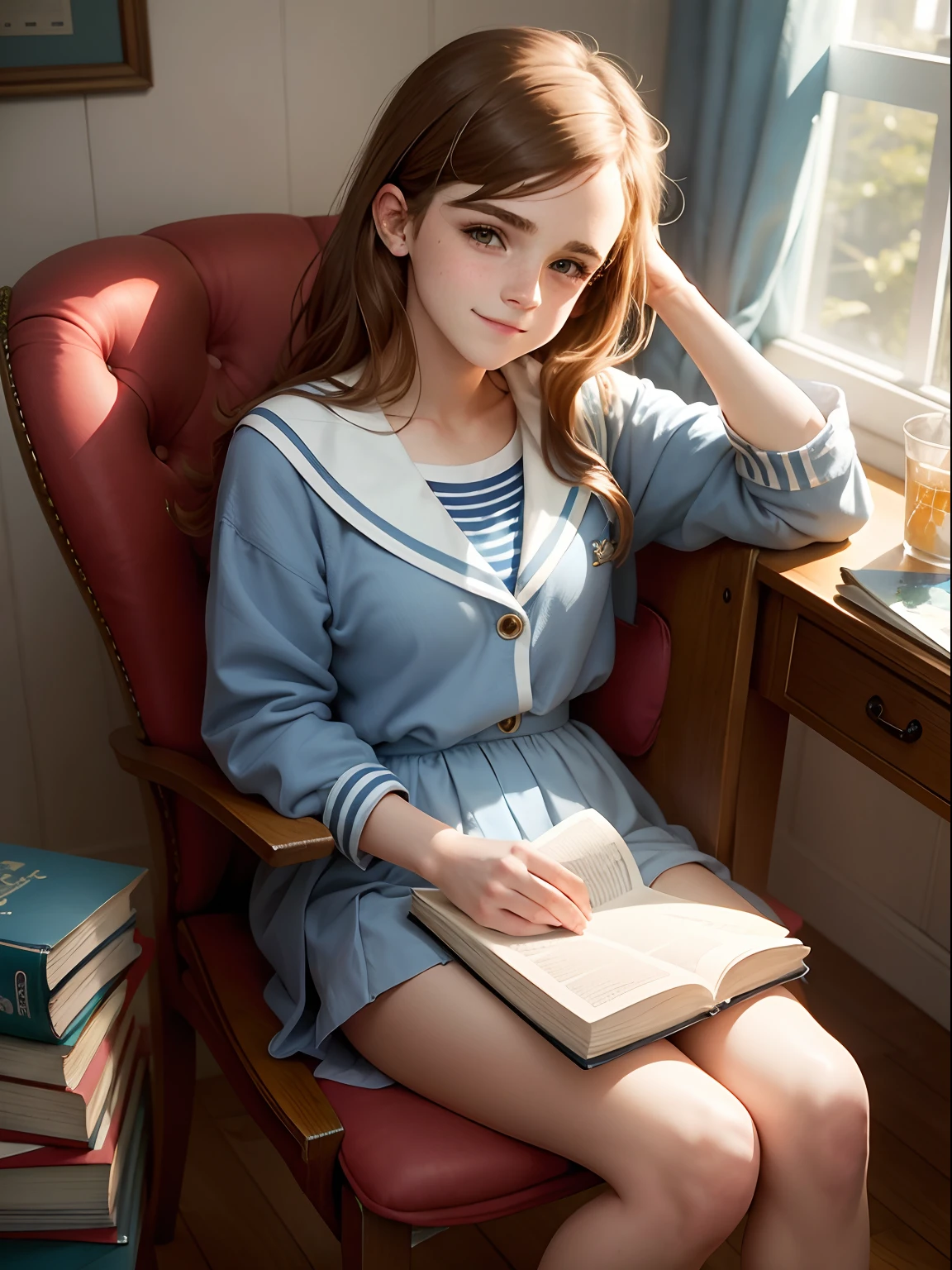 teen Emma Watson dressed in cute High school girl blue sailor suit, sitting in a chair reading a book, smiling