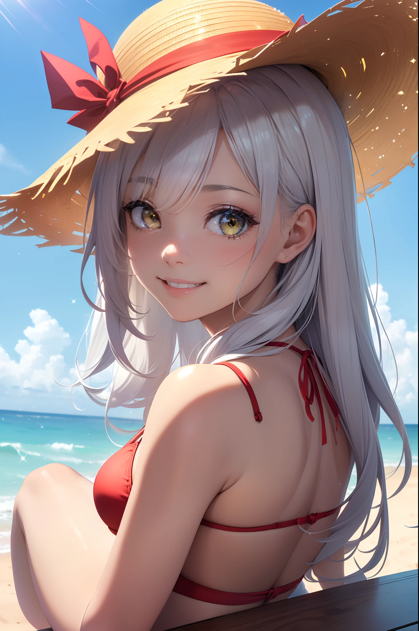 (Masterpiece), (best quality, close-up of 1 cute girl, (happy smiling face), (sitting on the summer beach), (looking back to the viewer), close-up,upper body, (big yellow crystal eyes), (long silver shining waved waved hair), wearing bikini, putting a large straw hat, (reasonable design, Clear lines, High sharpness,Best quality, Very detailed, Masterpiece, movie light effect, 8K ), summer air, (3D), colorful, sparkle and brilliant sun light ray dropping, twinkle, happy,