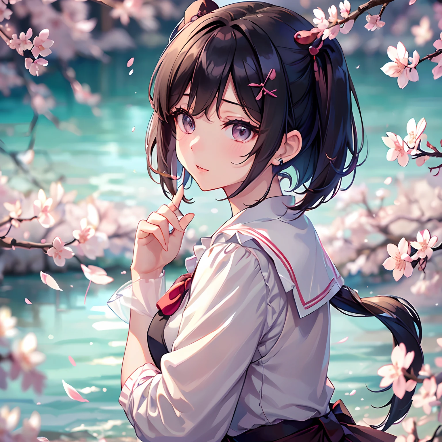 (masterpiece), (portrait), (aesthetic), (beautiful), (upper blody), (high quality), (aesthetic clothings), (professional angle), (rule of thirds), (Feminine), (woman), (female), (beautiful),(feminine features), (23 years), solo, 1 woman, (attractive Japanese), Spring, Natural light, (Cute), Fresh Makeup, (Petite bust), ((holding a Sakura Branch)), (Angle face), (Playful expression), ((Excited)), Hair Clips, Ear Piercing, ((Short hair)), (Black hair), (Pigtails hair), (Straight hair), Shiny shine hair, (Ribbons in hair), (Brown eyes), (Kawaii look), (Fair skin), (Pastel Colors clothing), (Sailor Dress), (Cardigan), (Skirt), Peter Pan neckline), ((Cherry Blossoms background)), (- in background), (Close-up shot), beautiful hands, two hands, normal hands, two arms, complete hands, beautiful body, beautiful fingers, normal fingers, five fingers, five fingers, (Thumb index meddle ring little fingers), beautiful ears, normal ears, beautiful eyes, shiny eyes, beautiful mouth, beautiful lips,