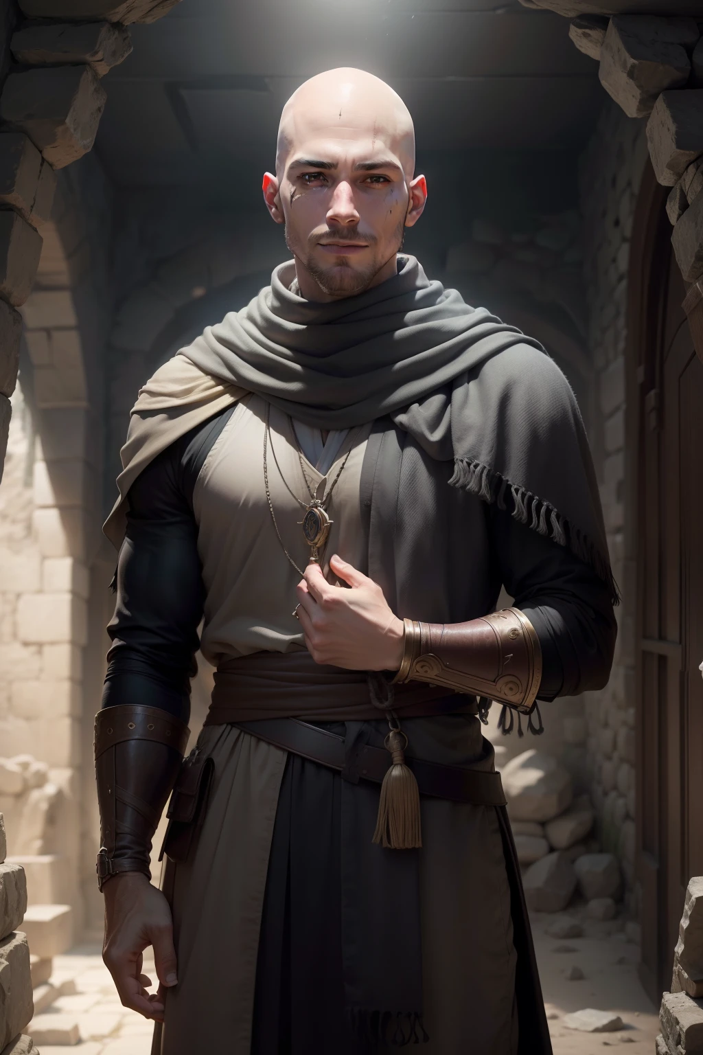 (RAW photo, 4k, master piece, very high resolution, extremely complex) (realistic: 1.4), Cinematic lighting, (((a male character))), focus on alone, cave, fallen treasures around, medieval\(Style \), (best quality), (High), (heavy gray scarf,),(8k roguish smile),(grey eyes),(ULZZANG-6500:1.0),(alone),(bald),(Spectators), (No mask),Look,(side),(scar on both eyes),,((speed)),(reality),