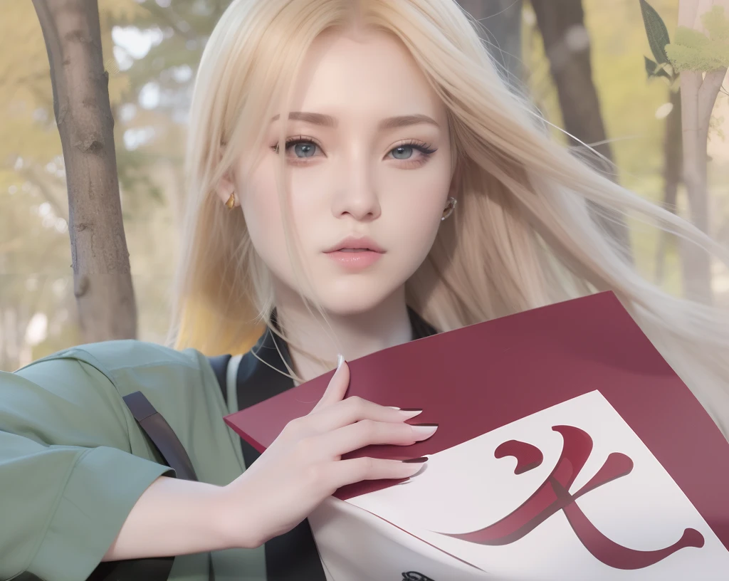 Tsunade senju. A woman was at the edge of the forest. He was seen wearing a green shirt with black stripes. She also looks like she's holding a red and white. She had long, yellow hair. Her skin was as white as snow. Her cheeks were rosy red and her little red lips tantalizing. Her fingernails were paint bright red. He looked intently at the camera. So pretty and realistic