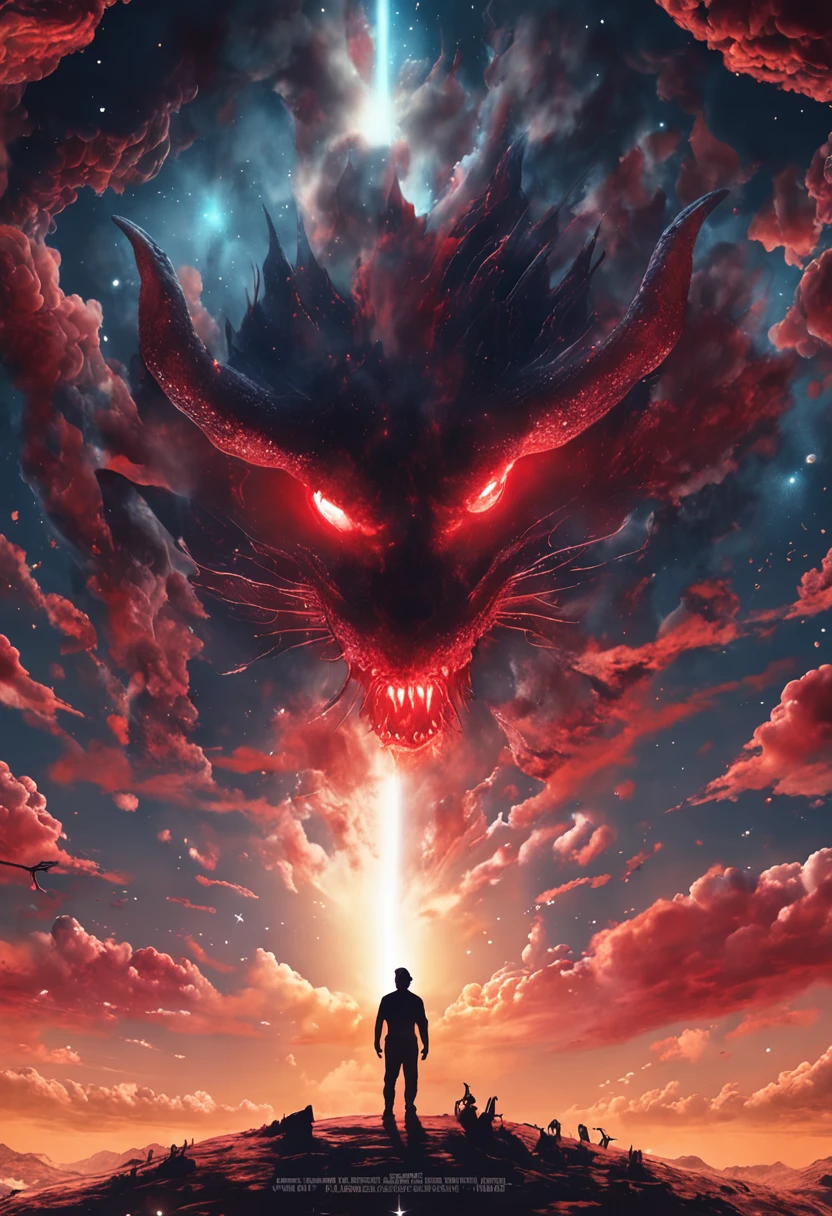 Dramatic lighting Highest Quality,masutepiece,超A high resolution, No humans, cloud, Red Eyes, Horns, Open mouth, skyporn, tusk, eastern dragon, Cloudy sky, 牙, Flying, fire, Bird, Wings、Spectacular molecules from space, Float in the middle of a galaxy at the center of the Milky Way, In a cosmic cloud of swirling gas, NASA Discovery,
