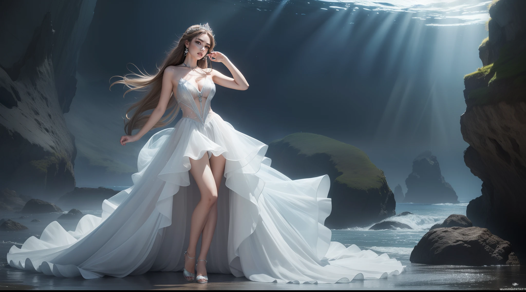 ((Best picture quality, 8K, tmasterpiece:1.3)), 1 female, Beautiful woman with slender abs:1.3, (Casual hairstyle,:1.2), Ultra-fine face,Woman in a light gray dress standing on a rock，Fantasy starry sky background, wearing a dress made of water, Translucent dress, draped in transparent cloth, dress made of water, Transparent gray dress, Ethereal beauty, real photoshoot queen of oceans, floating dress, karol bak uhd, stunning elegant pose, see through dresses, Goddess of the sea