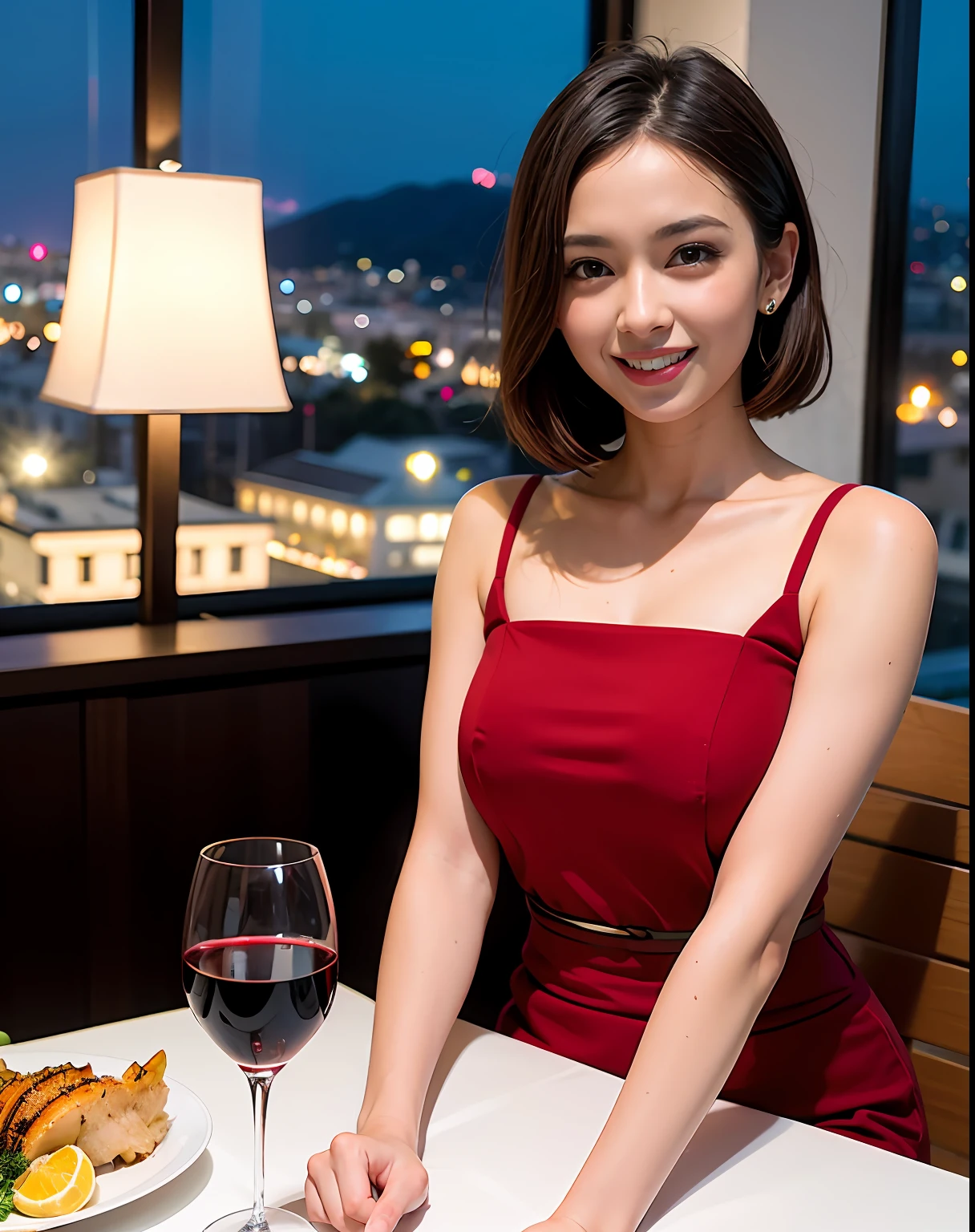 (64K, UHD, top quality, masterpiece: 1.2), (realistic, photorealistic: 1.37), super detailed, pretty woman 1 person, (slim face), (slim body), (brown hair), (short cut), cheeks slightly blushing, (44 years old), 38 years old, solo, beautiful detailed urban night view outside the window, restaurant, wine glasses sit, at night, in a prominent placeNovaFrogStyle, Actress, Model, Waist Up, White Wine, Slim, Wine Glass, Super Clean Night View, Wine Glass Put in the Middle, Happy Smile, (Smile: 1.15), Beautiful Fine Eyes, Upper Body, Bust Japan Up, Night, Short, Short, Actress, Model, Waist Up, White Wine, Slim, Wine Glass, Super Clean Night View, Wine Glass Put in the Middle, Happy Smile,