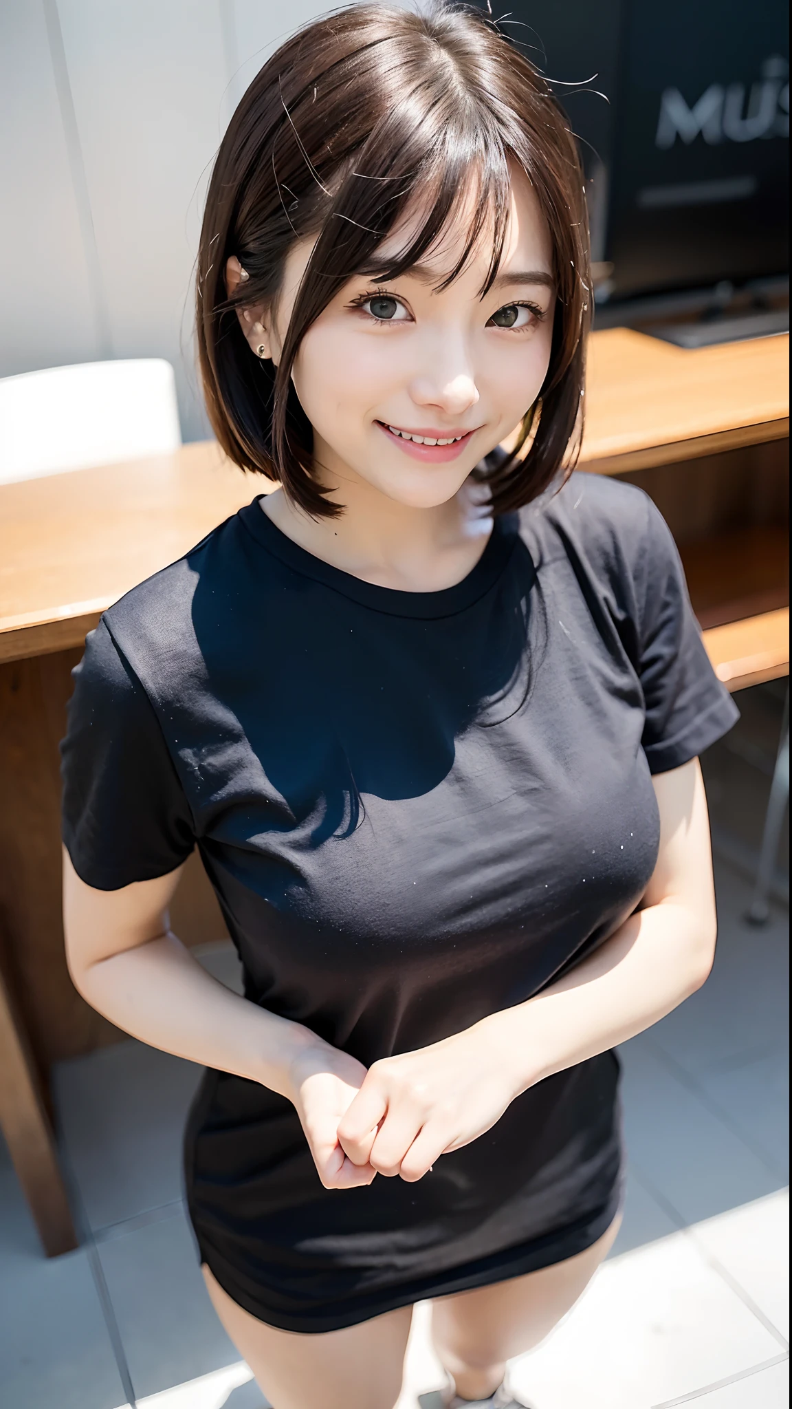 (top-quality、8K、32K、masuter piece、nffsw:1.2)、Cute Japan Girl、女の子1人、Short Bob、profile、(Split abs、slim figure:1.2)、(s lips) 、（Black hair）、二重まぶた、shinny skin、Realistic rays、mare、beauitful face、(A smile:1.3)、crouching down、(From  above:1.2)、(a closeup:1.4)、shores、Gray T-shirt、blurry backround、(Front Focus)、(Dark: 1.6)、Fantasy Art、photoRealstic、Professional Lighting、extra detailed face、Award-winning、deep-shadows、