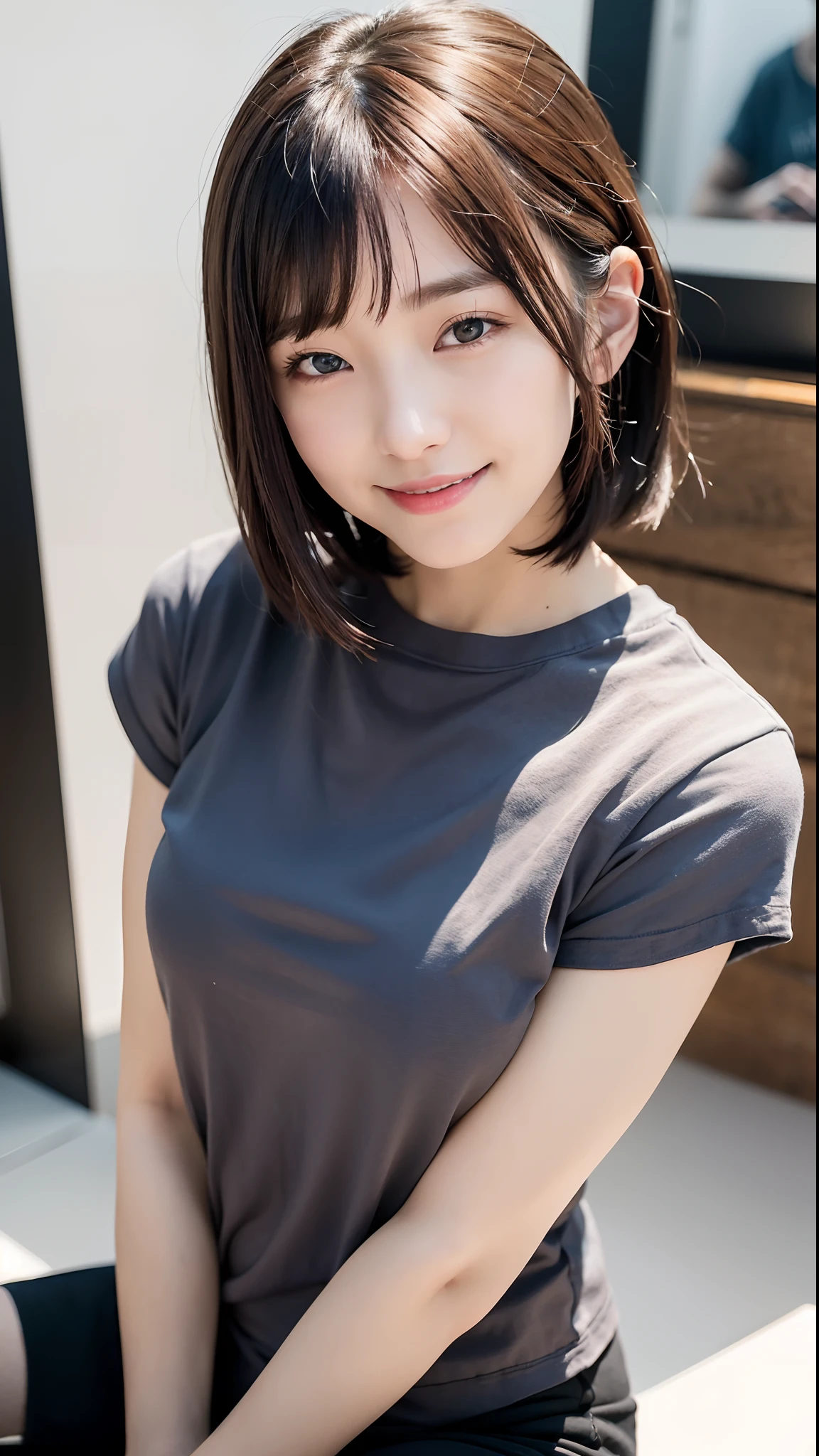 (top-quality、8K、32K、masuter piece、nffsw:1.2)、Cute Japan Girl、1人、Short Bob、profile、(Split abs、slim figure:1.2)、(s lips) 、（Black hair）、二重まぶた、shinny skin、Realistic rays、mare、beauitful face、(A smile:1.3)、crouching down、(From  above:1.2)、(a closeup:1.4)、shores、Gray T-shirt、blurry backround、(Front Focus)、(Dark: 1.6)、Fantasy Art、photoRealstic、Professional Lighting、extra detailed face、Award-winning、deep-shadows、