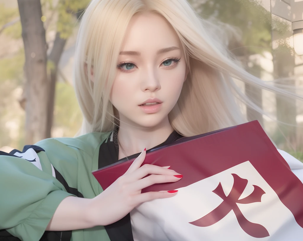 Tsunade senju. A woman was at the edge of the forest. He was seen wearing a green shirt with black stripes. She also looks like she's holding a red and white. She had long, yellow hair. Her skin was as white as snow. Her cheeks were rosy red and her little red lips tantalizing. Her fingernails were paint bright red. He looked intently at the camera. So pretty and realistic