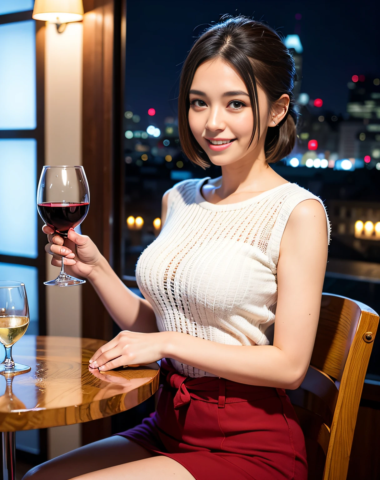 (64K, UHD, top quality, masterpiece: 1.2), (realistic, photorealistic: 1.37), super detailed, pretty woman 1 person, (slim face), (slim body), (brown hair), (short cut), cheeks slightly blushing, (44 years old), 38 years old, solo, beautiful detailed urban night view outside the window, restaurant, wine glasses sit, at night, in a prominent placeNovaFrogStyle, Actress, Model, Waist Up, White Wine, Slim, Wine Glass, Super Clean Night View, Wine Glass Put in the Middle, Happy Smile, (Smile: 1.15), Beautiful Fine Eyes, Upper Body, Bust Japan Up, Night, Short, Short, Actress, Model, Waist Up, White Wine, Slim, Wine Glass, Super Clean Night View, Wine Glass Put in the Middle, Happy Smile,