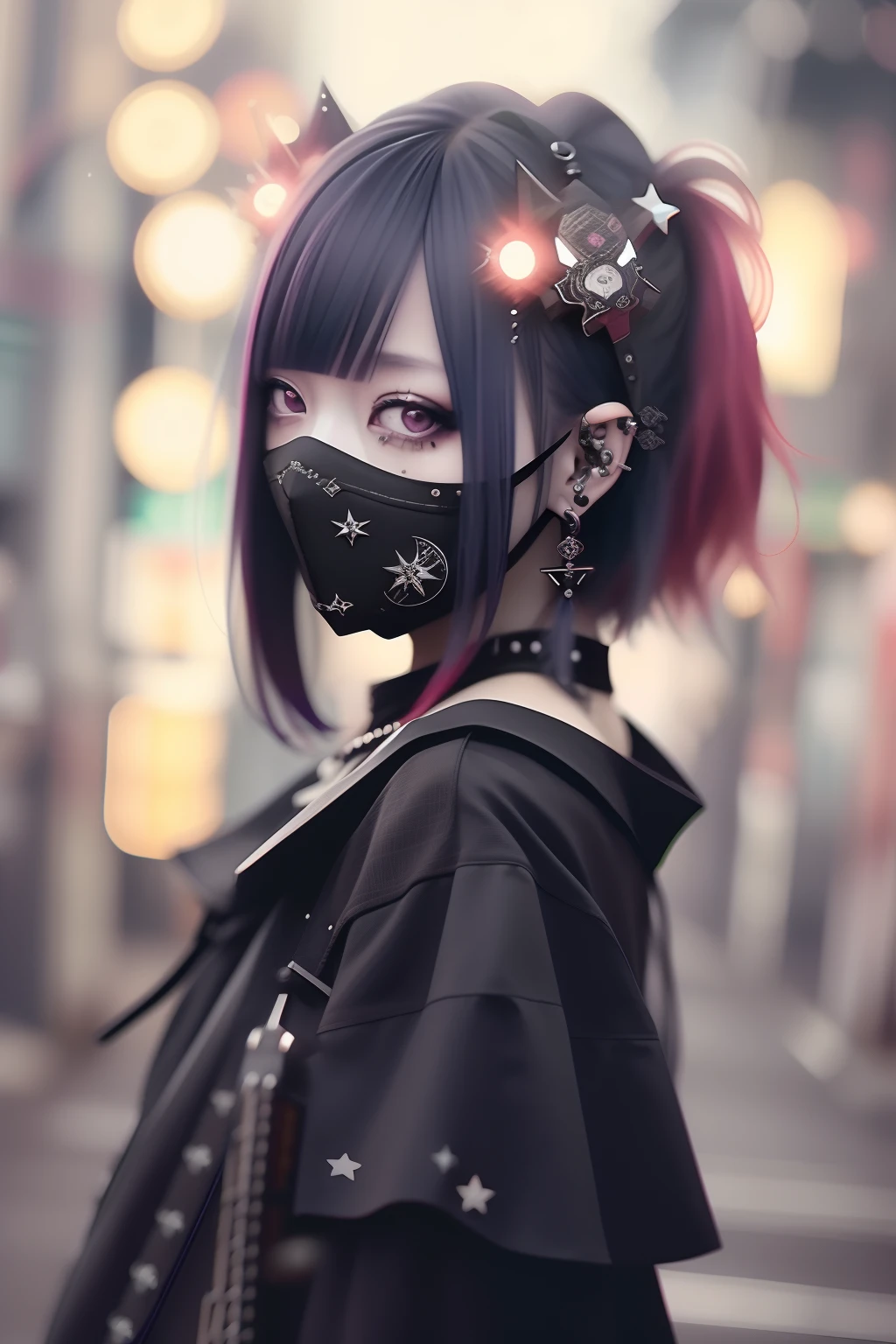 Red-haired、goth_punk, 1girl in, 独奏, medium shot, Walking in Harajuku, ((during night)), bokeh dof, Neon light, Iridescent eyes, starrysky, Red glowing hair, White eyebrows, Radiant hair, (iridescent white hair), 耳Nipple Ring, bangss, jewely, masks, bluntbangs, verd s eyes, Mouth mask, blurry backround, bblurry, hair adornments, Look at viewers, shorth hair, portraitures, side locks