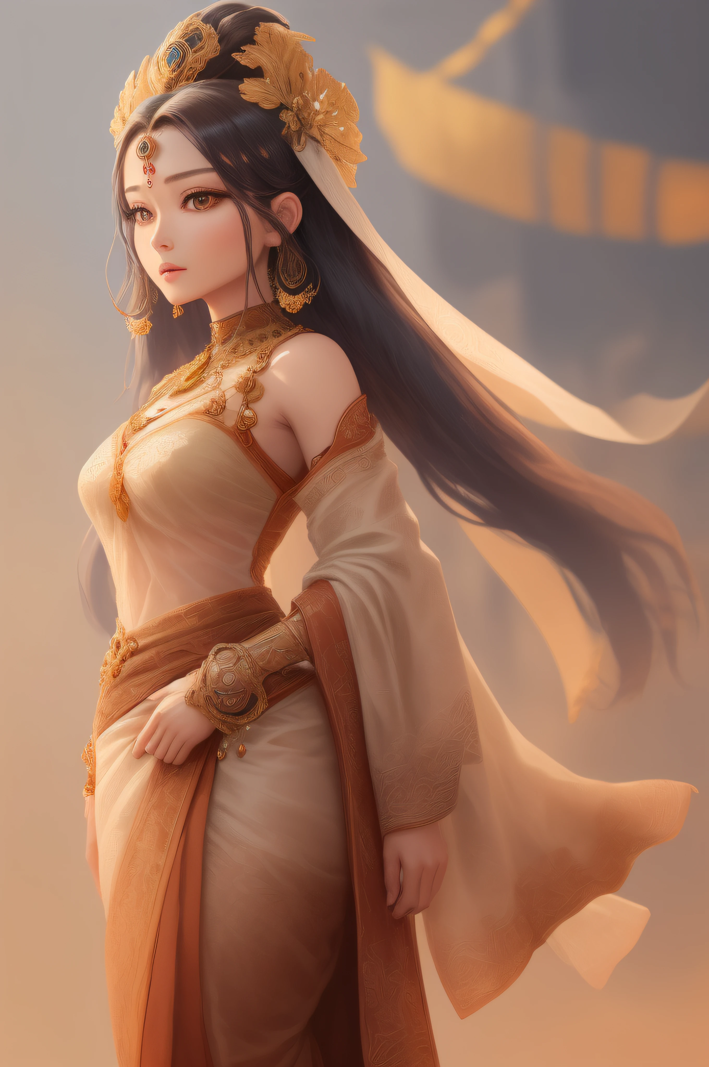 Generate an AI artwork of a brave and beautiful anime princess in a traditional Indian saree, exuding elegance, strength, and wisdom. Emphasize her regal charm and the intricate details of the saree, while ensuring her portrayal is respectful and empowering.