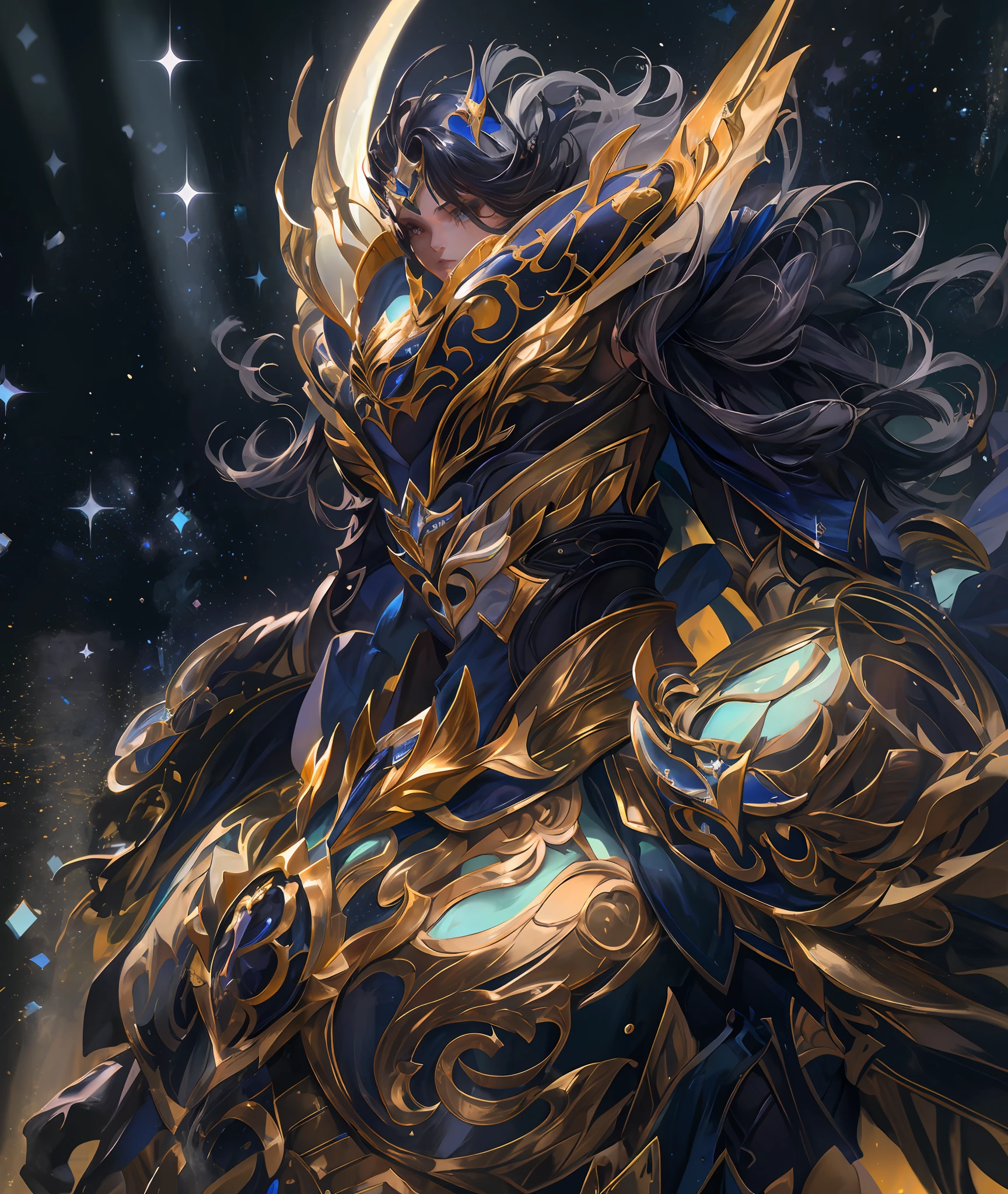 Ultra-high saturation，（tmasterpiece）， fully body photo，（best qualtiy）， （1girll）， starryskybackground，Wearing shiny gold armor， Sexy lingerie type armor，Expose your chest，Expose the waistline，Exposing thighs，cool-pose， Saint Seiya Armor， messy  hair，high detal, Anime style, Cinematic lighting, Sparkle, god light, Ray traching, filmgrain, hyper HD, textureskin, super detailing, Anatomical correct, A high resolution，Ultra-high saturation，hight contrast，High-gloss armor，Smooth skin，Serious expressions,Dark room,