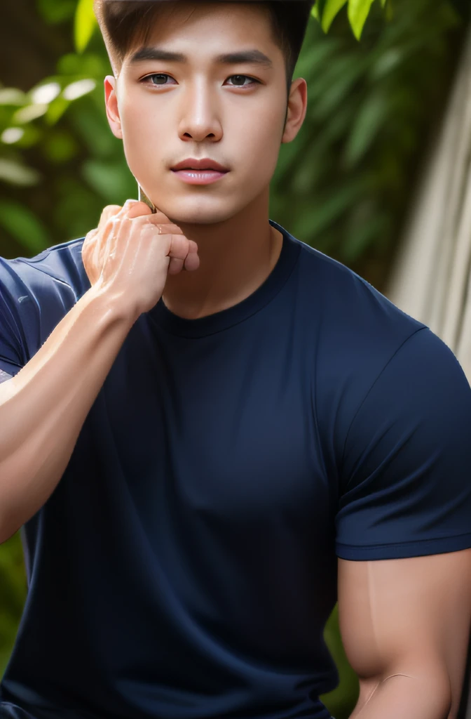 The 20-year-old posed for a photo wearing a black shirt and dark navy jeans.................., Good hands,10, high-res, masterpiece, bestquality, head:1.3,((Hasselblad photography)), finely detailed skin, crisp focus, (Cinematic lighting), nighttime, gentle lighting, dynamic angle, [:(detailed face:1.2):0.2],(((exercise))), outside, The arm muscles are very large........., looking at the audience, balance eyes, (((from the bottom))), bedroom, (eye contact), brown skin,