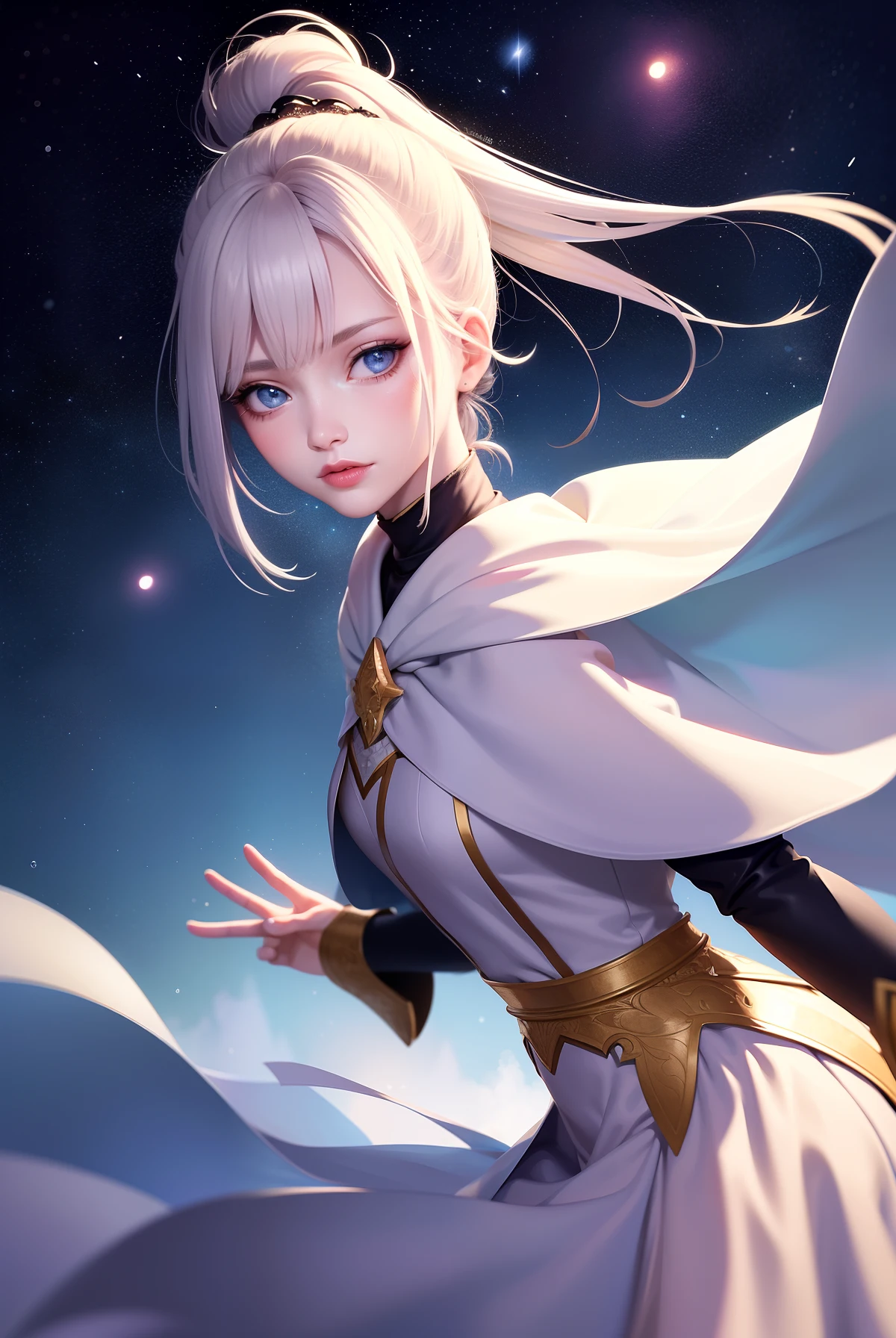 Masterpiece, (Best Quality: 1.2), (Super Fine: 1.2), Illustration, (Extremely Delicate and Beautiful: 1.2), Film Angle, Floating, (Beautiful Detail Eye: 1.1), (Detail Light: 1.1), Film Lights, Delicate Sky, Woman, White Hair, Blue Eyes, (High Ponytail: 1.1), Cloak, Glowing Eyes, (Moon: 1.2), (Moonlight: 1.1), Starry Sky, (Light Particles: 1.1), Fog , snow painting, sketching, blooming