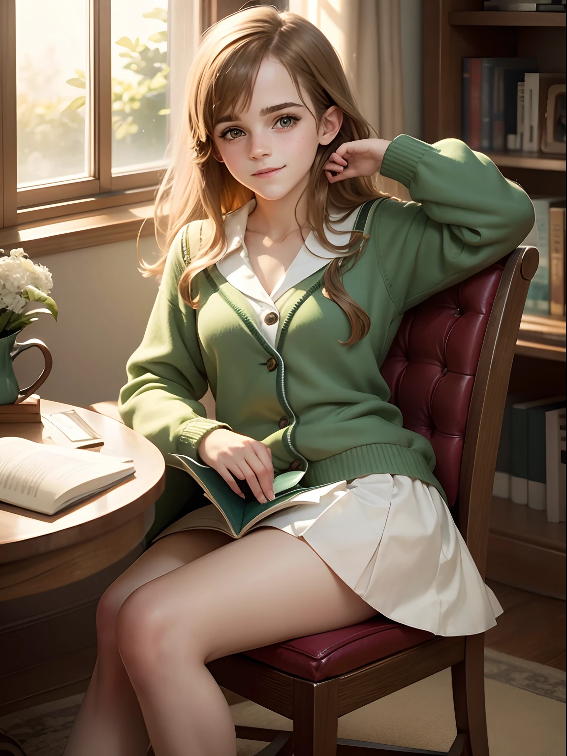 teen Emma Watson dressed in cute High school girl green sailor suit, sitting in a chair reading a book, smiling