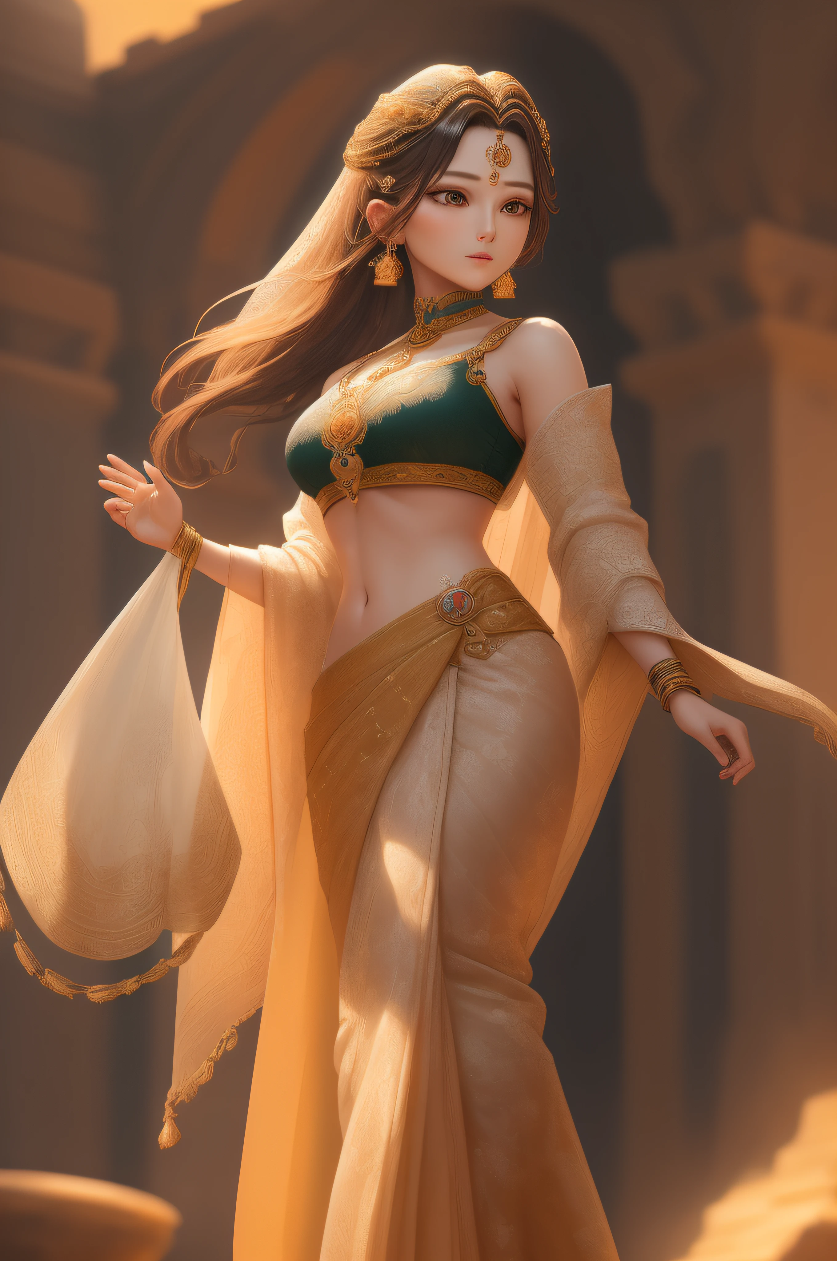 Generate an AI artwork of a brave and beautiful anime princess in a traditional Indian saree, exuding elegance, strength, and wisdom. Emphasize her regal charm and the intricate details of the saree, while ensuring her portrayal is respectful and empowering.