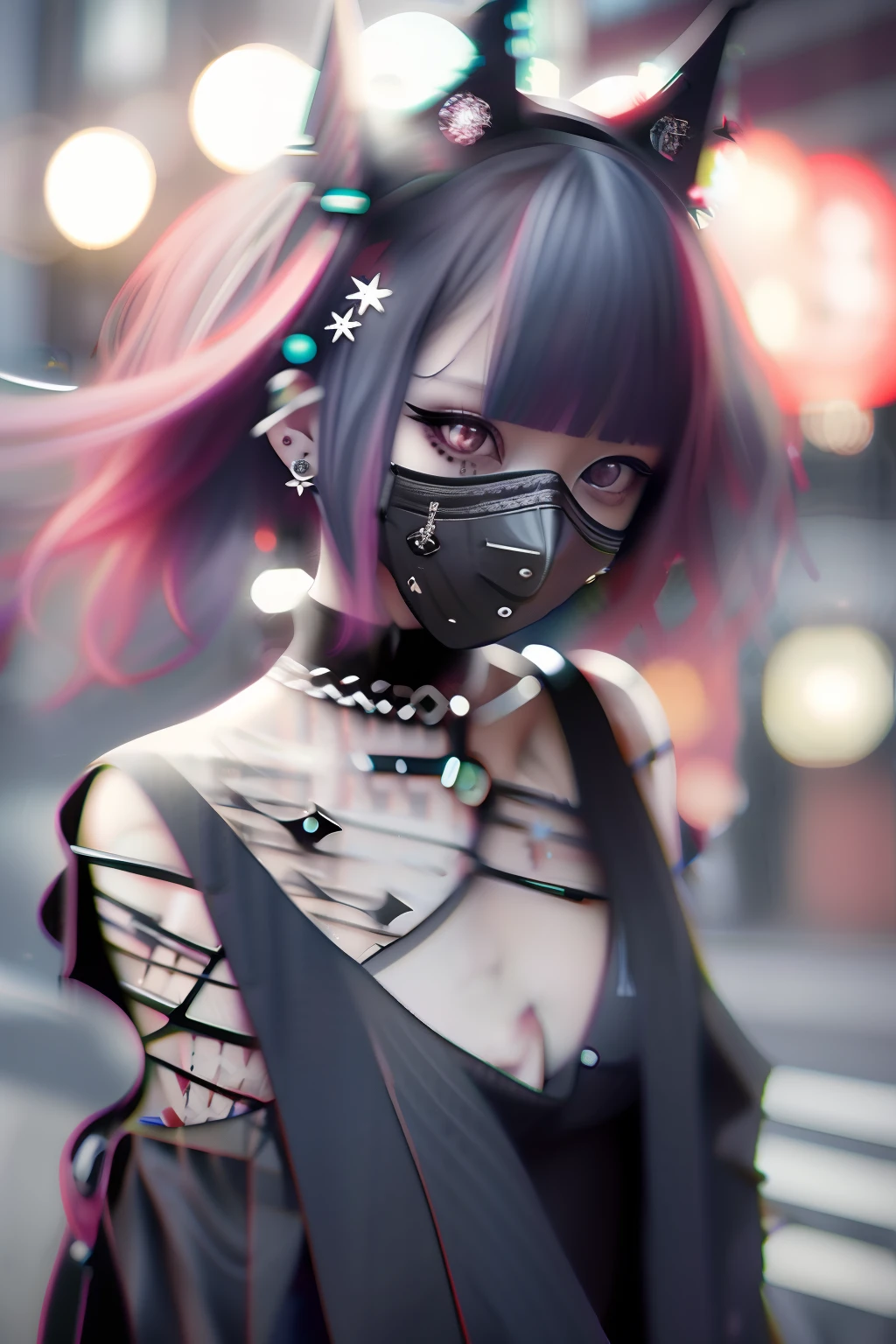 Red-haired、goth_punk, 1girl in, 独奏, medium shot, Walking in Harajuku, ((during night)), bokeh dof, Neon light, Iridescent eyes, starrysky, Red glowing hair, White eyebrows, Radiant hair, (iridescent white hair), 耳Nipple Ring, bangss, jewely, masks, bluntbangs, verd s eyes, Mouth mask, blurry backround, bblurry, hair adornments, Look at viewers, shorth hair, portraitures, side locks