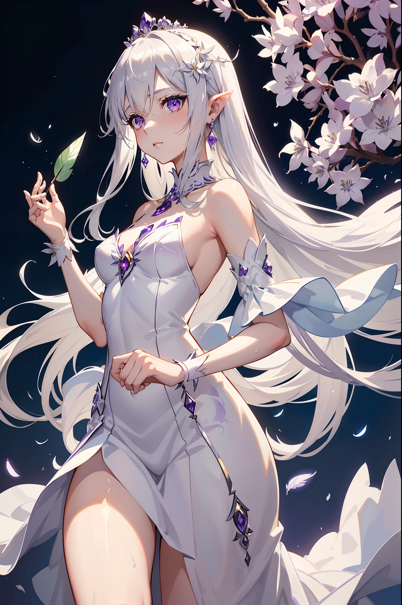 Emilia princess from Re:Zero kara Hajimeru Isekai Seikatsu, half elf, ((gorgeous white and purple wet elegant silk wedding dress, holding a bunch of clematis, silk accesory, veil, silver necklace, diamond ring, flower earring, belt, collar, silver crown, white silk legging)), grace hair style, garden background, ((perfect body shape, small breast, empress and forzen aura, flower and feather flying effect, detailed skin, silver and light purple pupil)), heavy make up, best quality anime 4k wallpaper quality, extreme eye and body detail, energetic girl, spirit around, high resolution , masterpieces
