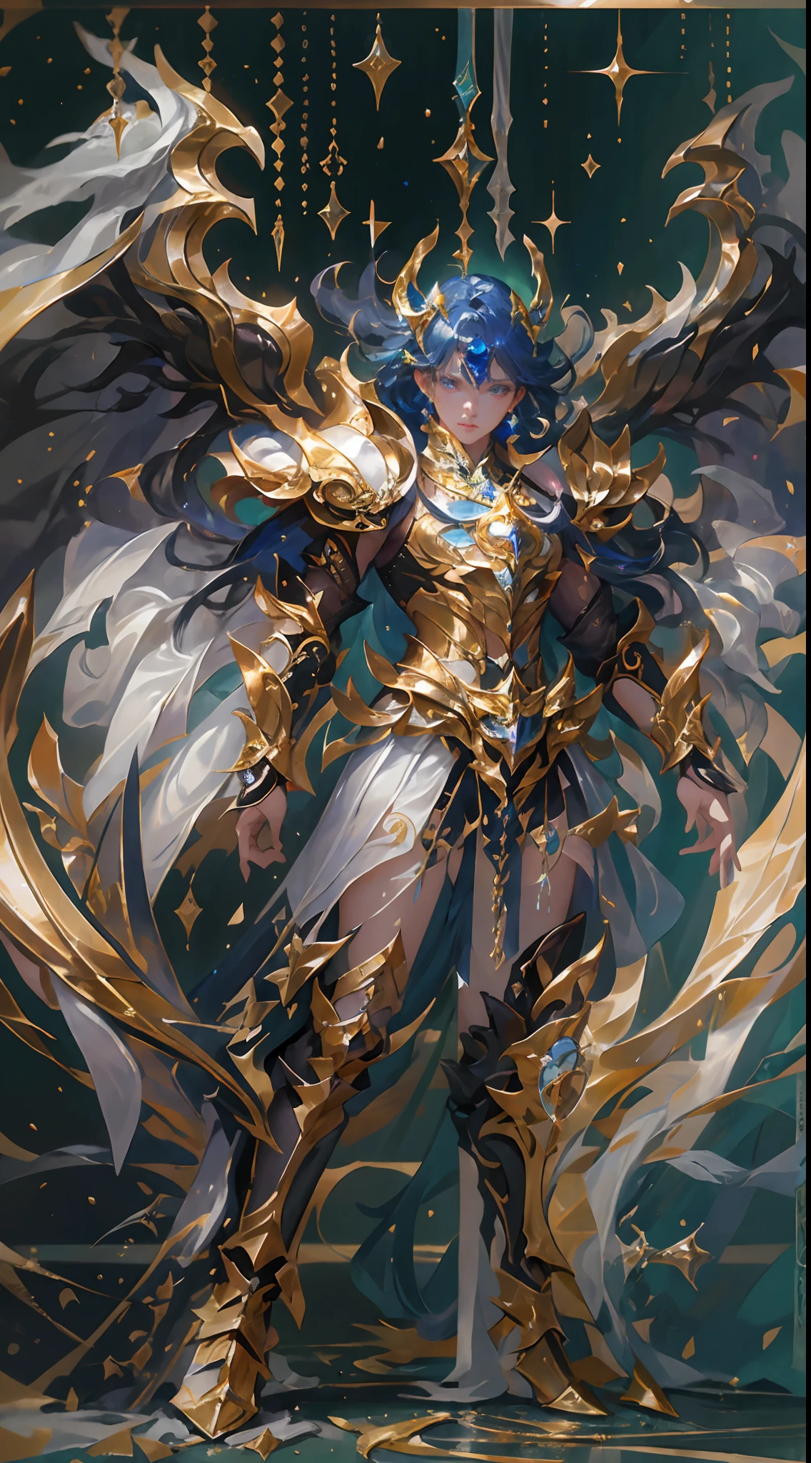 Ultra-high saturation,(tmasterpiece), fully body photo,(best qualtiy), (1girll), starryskybackground,Wearing shiny gold armor, Sexy lingerie type armor,Expose your chest,Expose the waistline,Exposing thighs,cool-pose, Saint Seiya Armor, messy hair,high detal, Anime style, Cinematic lighting, Sparkle, god light, Ray traching, filmgrain, hyper HD, textureskin, super detailing, Anatomical correct, A high resolution,Ultra-high saturation,hight contrast,High-gloss armor,Smooth skin,Serious expressions,Dark room,