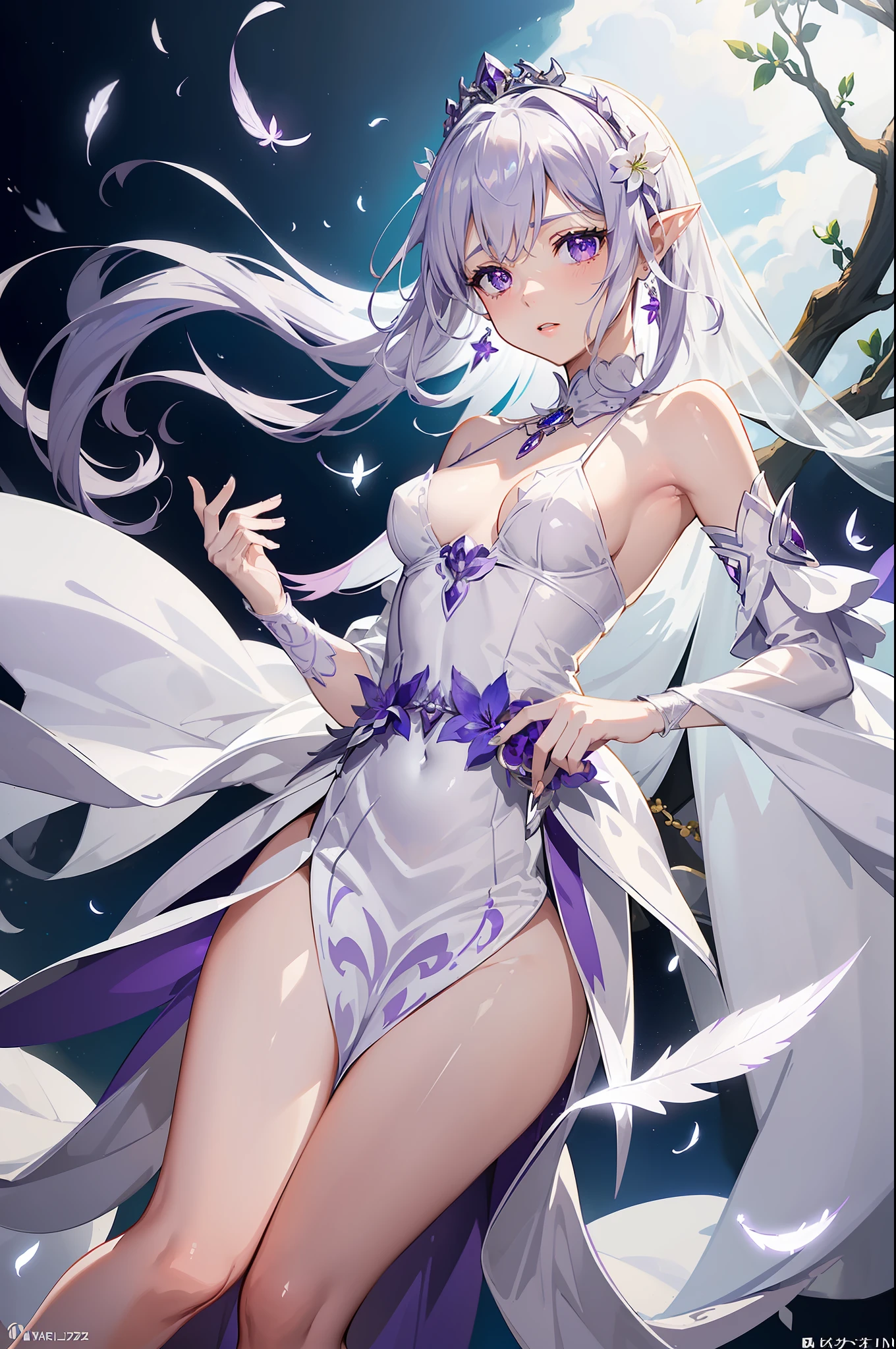 Emilia princess from Re:Zero kara Hajimeru Isekai Seikatsu, half elf, ((gorgeous white and purple wet elegant silk wedding dress, holding a bunch of clematis, silk accesory, veil, silver necklace, diamond ring, flower earring, belt, collar, silver crown, white silk legging)), grace hair style, garden background, ((perfect body shape, small breast, empress and forzen aura, flower and feather flying effect， detailed skin, silver and light purple pupil)), heavy make up, best quality anime 4k wallpaper quality, extreme eye and body detail， energetic girl, spirit around, high resolution , masterpieces