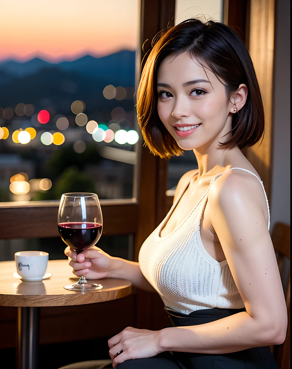 (64K, UHD, top quality, masterpiece: 1.2), (realistic, photorealistic: 1.37), super detailed, pretty woman 1 person, (slim face), (slim body), (brown hair), (short cut), cheeks slightly blushing, (44 years old), 38 years old, solo, beautiful detailed urban night view outside the window, restaurant, wine glasses sit, at night, in a prominent placeNovaFrogStyle, Actress, Model, Waist Up, White Wine, Slim, Wine Glass, Super Clean Night View, Wine Glass Put in the Middle, Happy Smile, (Smile: 1.15), Beautiful Fine Eyes, Upper Body, Bust Japan Up, Night, Short, Short, Actress, Model, Waist Up, White Wine, Slim, Wine Glass, Super Clean Night View, Wine Glass Put in the Middle, Happy Smile,