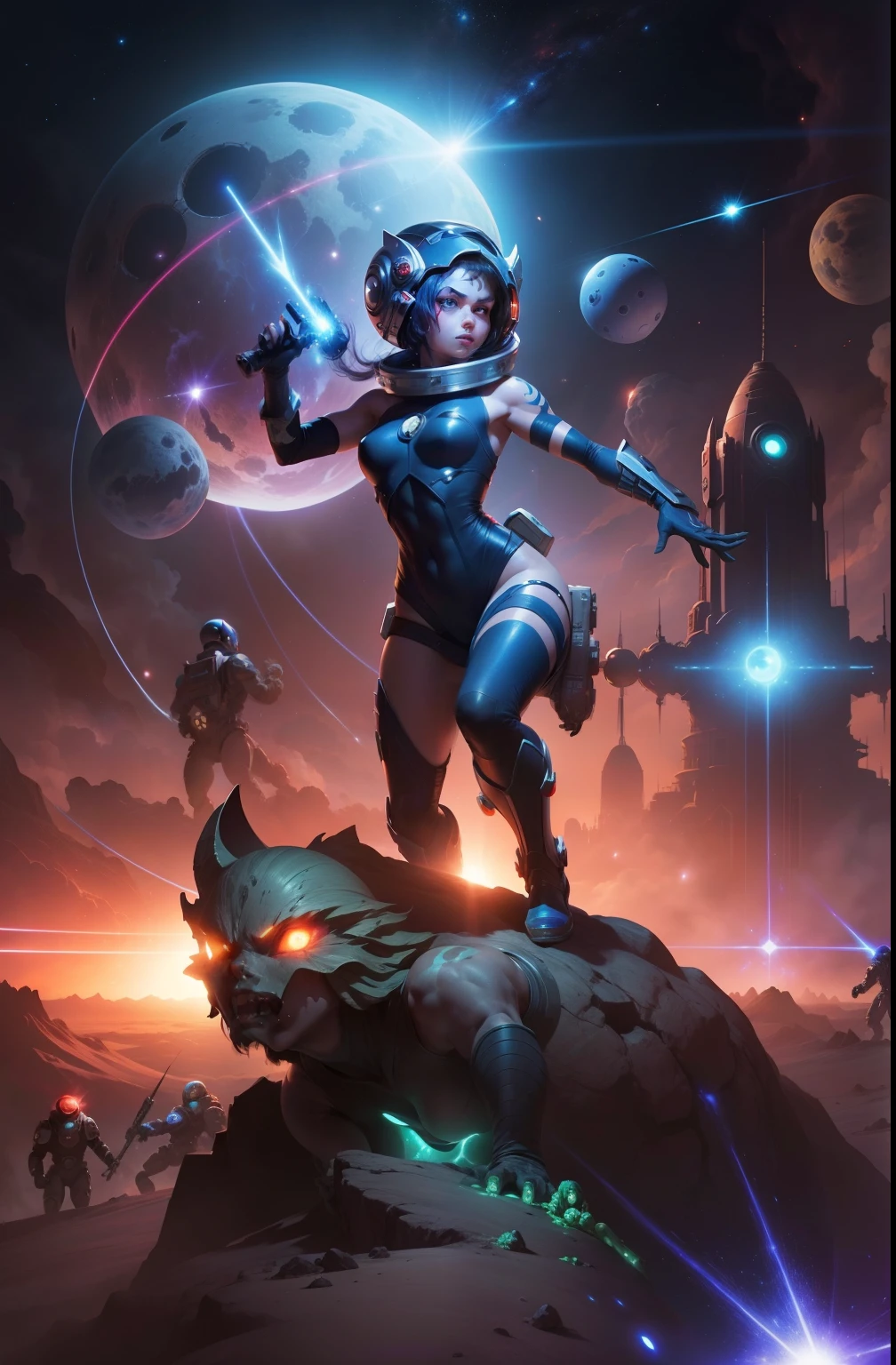 space war scene space girl laser monsters, space girl with laser fighting off space monsters in the style of Frank Frazetta, perfectly aligned eyes, eyes symetrical