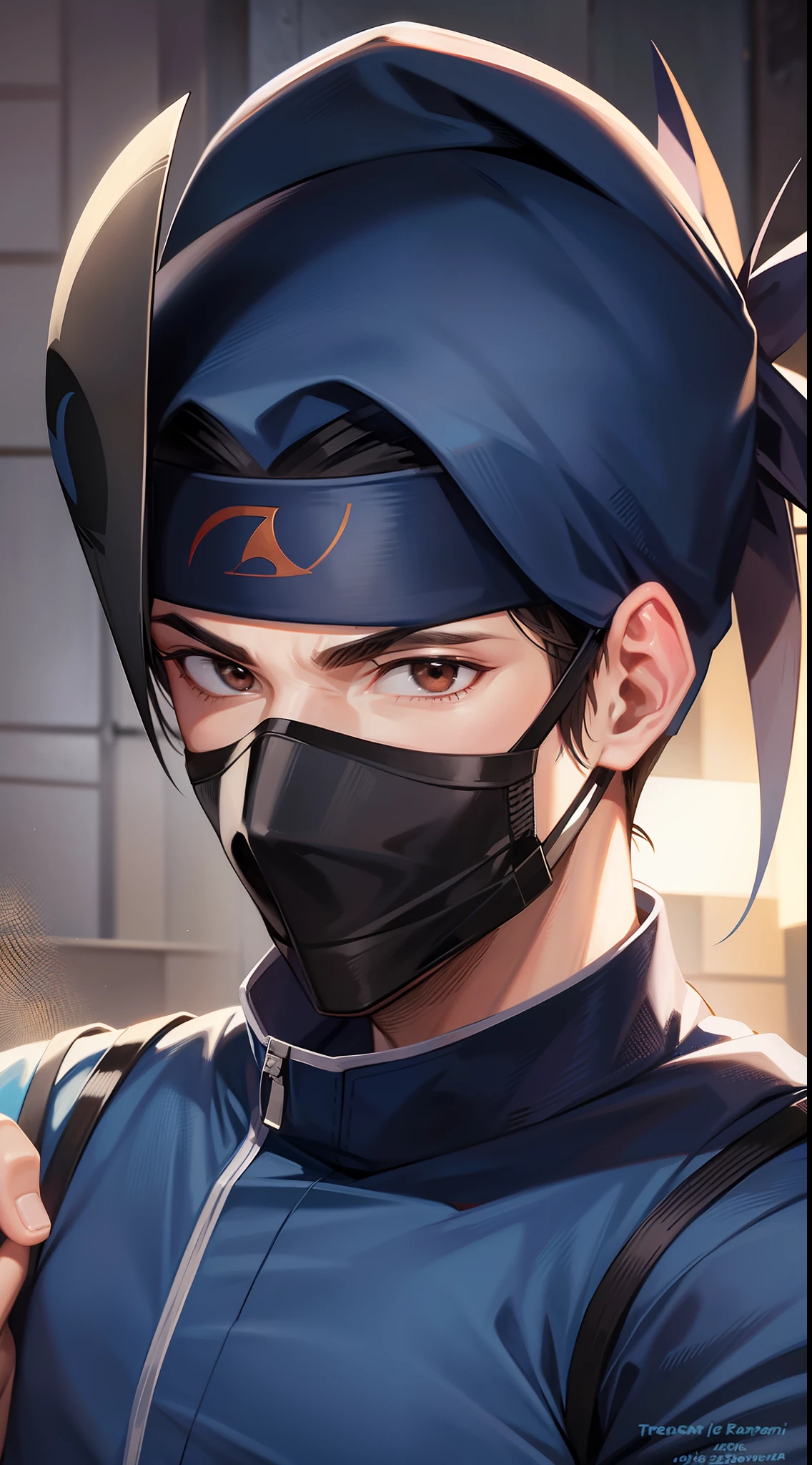Grown-up guy, ninja, Blue Shinobi Uniform, Brown eyes, mask, Masterpiece, hiquality