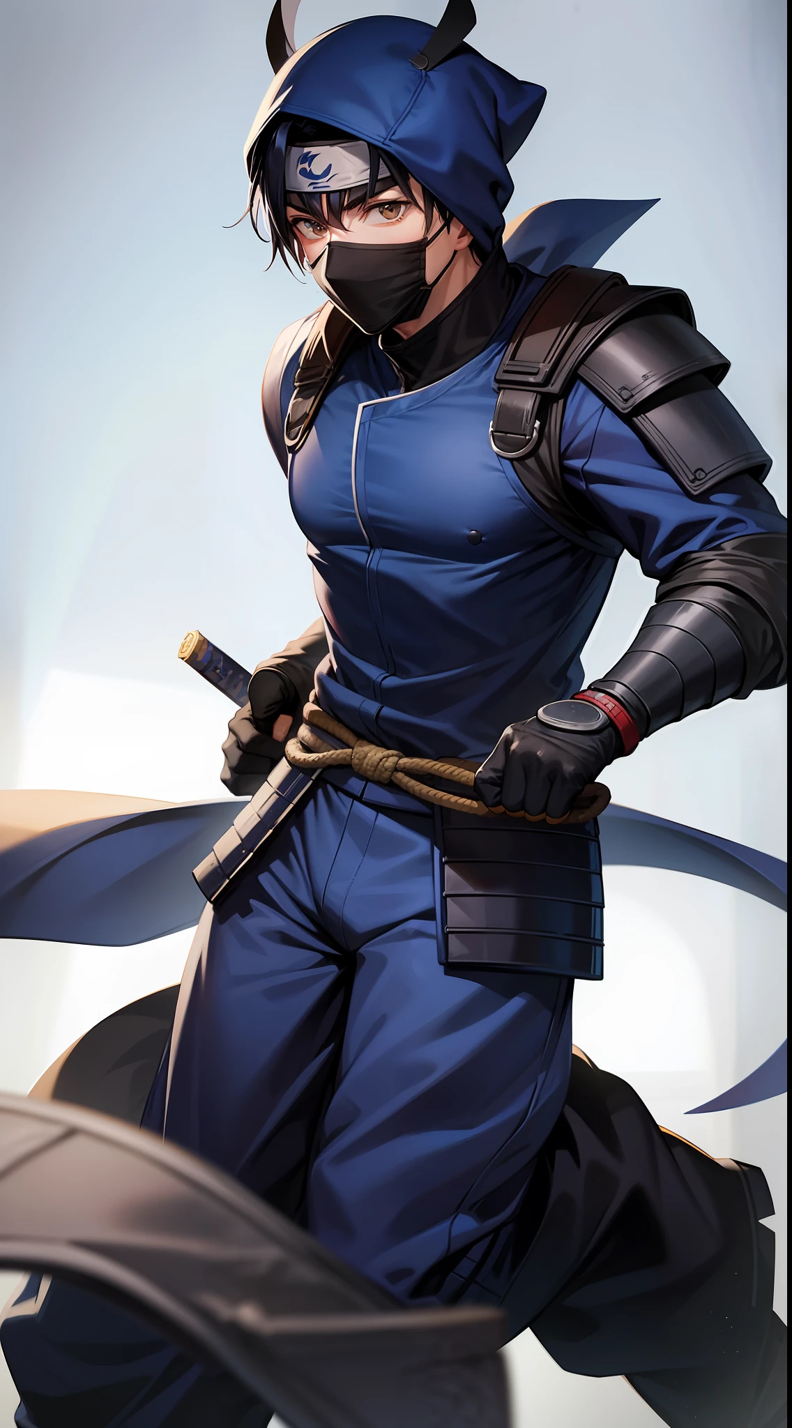 Grown-up guy, ninja, Blue Shinobi Uniform, Brown eyes, mask, Masterpiece, hiquality