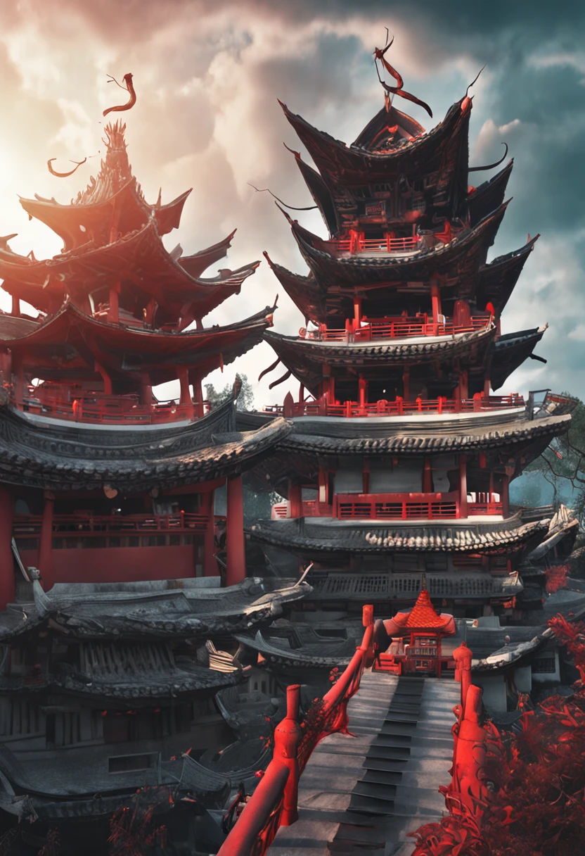 Best quality,masterpiece,ultra high res,nu no humans, (long:1.2),no humans, cloud, architecture, east asian architecture, red eyes, horns, open mouth, sky, fangs, eastern dragon, cloudy sky, teeth, flying, fire, bird, wings