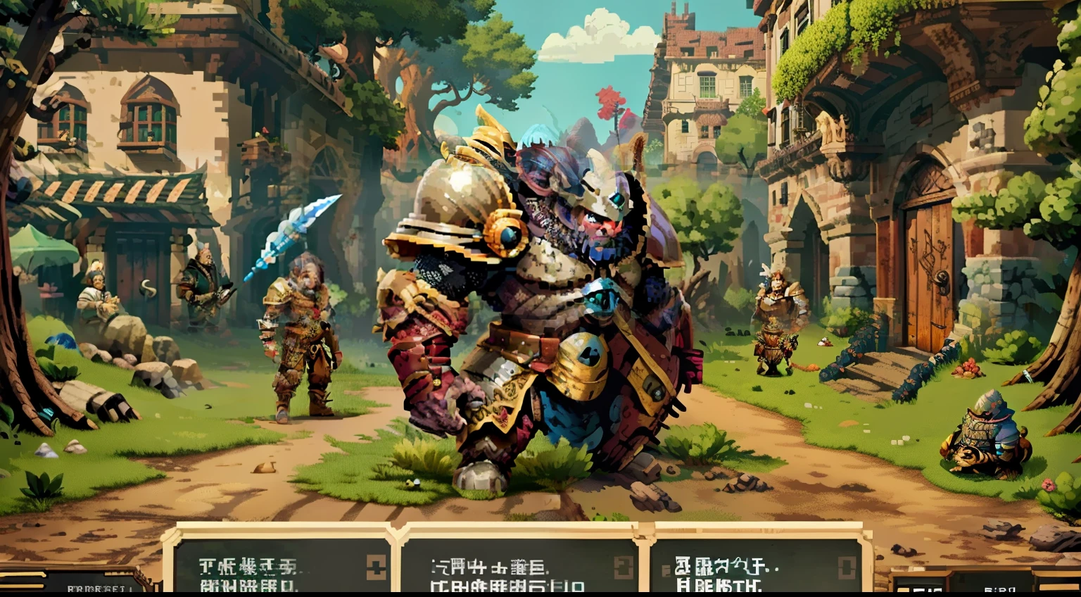 Horizontal pixel games,(Pixel art:1.4),Q version《dungeons and dragons》,borgar,warrior,Armor,The tree,Wagas,Steps,Monsters,Wasteland,drak,((best qualtiy)),super-fine,8K,A detailed,acurate