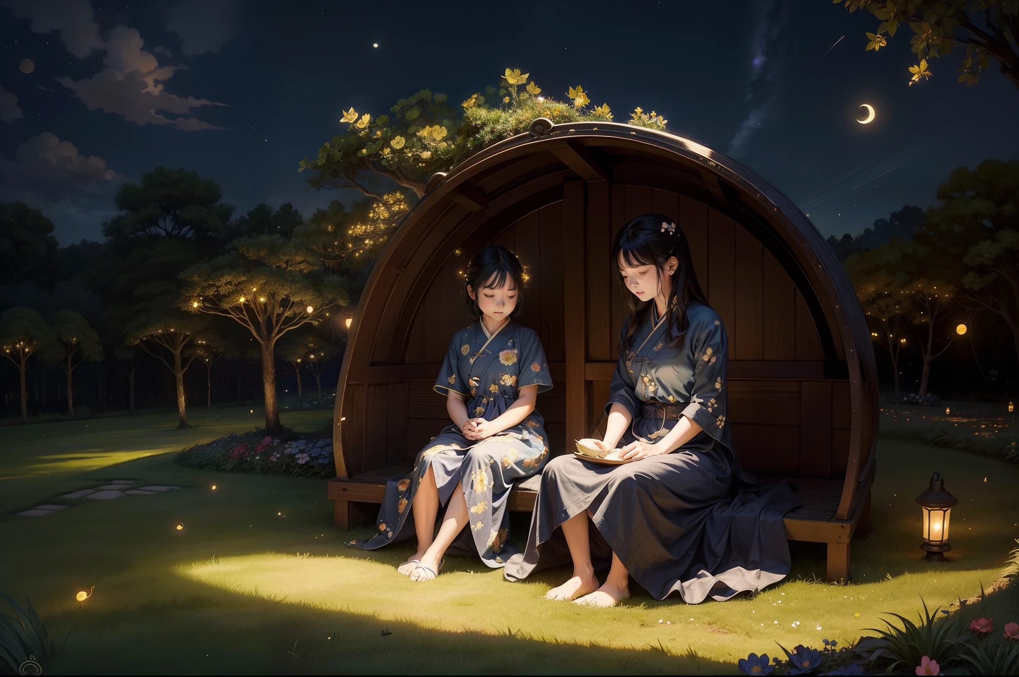 A and her mother sitting together on the grass, under a tree, looking at the starry night, a big dog sleeping. Flowery garden with some antique Chinese lamps. Crescent moon on the sky, some cirrus clouds. Summer night. Tranquility. Swarm of Fireflies. Highly detailed. Illuminated by lamps and fireflies.