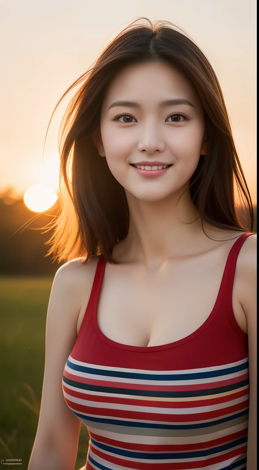 realistic photos of 1 cute Korean star, hair two side up, white skin, thin makeup, 32 inch breasts size, slightly smile, wearing red vertical striped tank top, pants, at countryside village, sunset light, upper body portrait, UHD