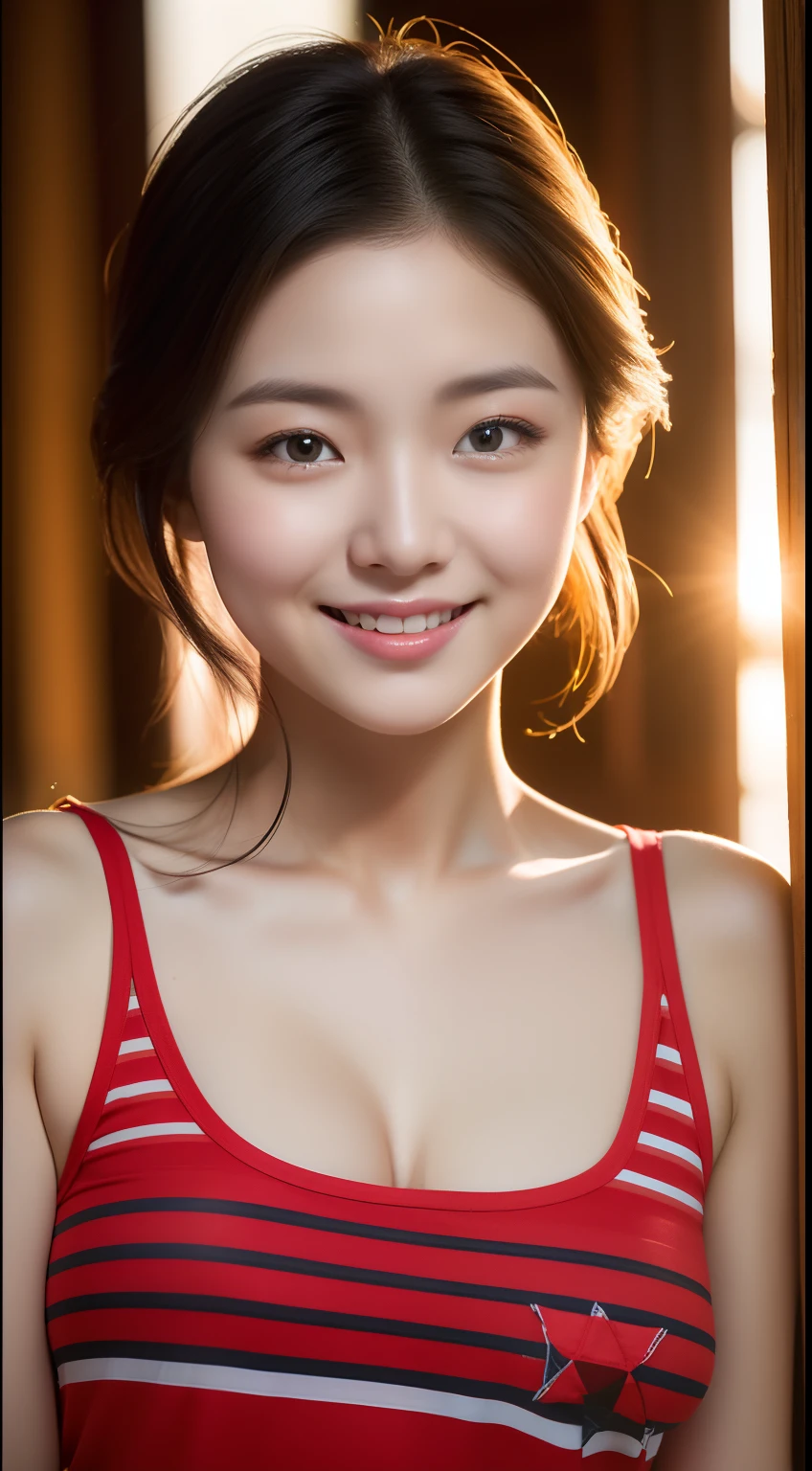 realistic photos of 1 cute Korean star, hair two side up, white skin, thin makeup, 32 inch breasts size, slightly smile, wearing red vertical striped tank top, pants, at countryside village, sunset light, upper body portrait, UHD