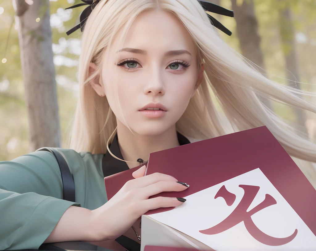 Tsunade senju. A woman was at the edge of the forest. He was seen wearing a green shirt with black stripes. She also looks like she's holding a red and white. She had long, yellow hair. Her skin was as white as snow. Her cheeks were rosy red and her little red lips tantalizing. Her fingernails were paint bright red. He looked intently at the camera. So pretty and realistic