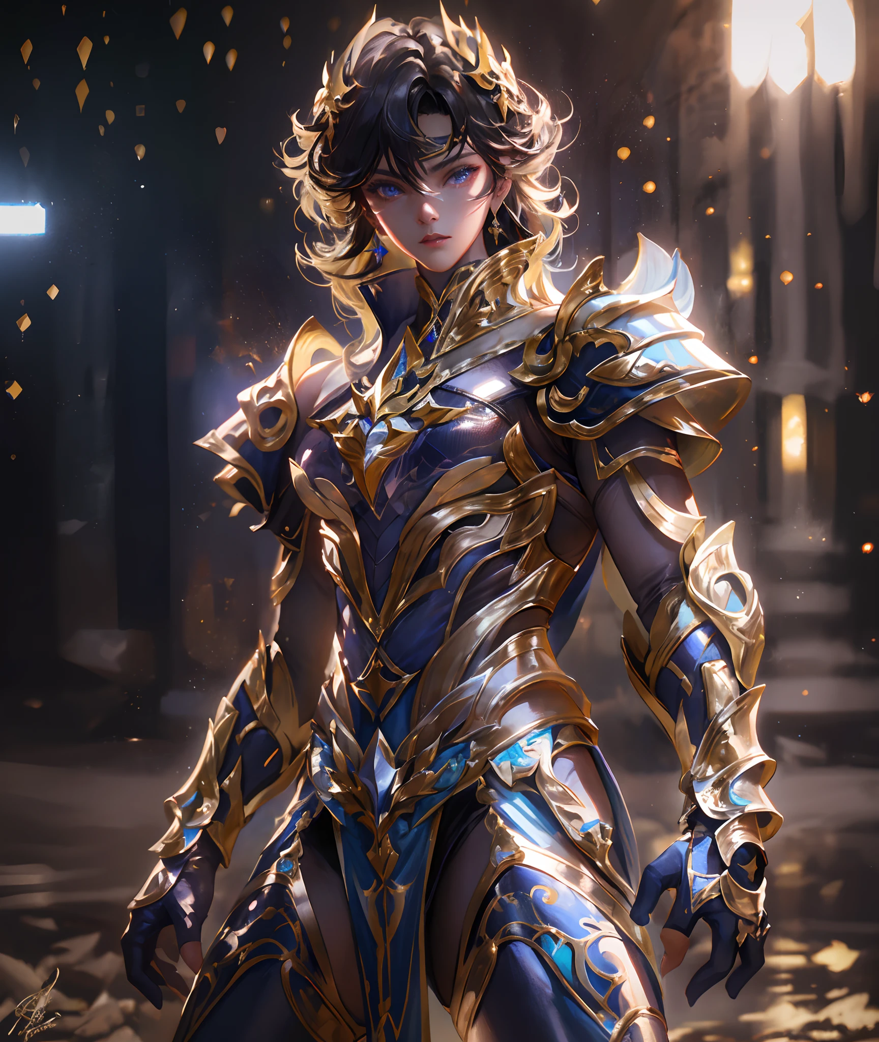 Ultra-high saturation，（tmasterpiece）， fully body photo，（best qualtiy）， （1girll）， starryskybackground，Wearing shiny gold armor， Sexy lingerie type armor，Expose your chest，Expose the waistline，Exposing thighs，cool-pose， Saint Seiya Armor， messy  hair，high detal, Anime style, Cinematic lighting, Sparkle, god light, Ray traching, filmgrain, hyper HD, textureskin, super detailing, Anatomical correct, A high resolution，Ultra-high saturation，hight contrast，High-gloss armor，Smooth skin，Serious expressions,Dark room,
