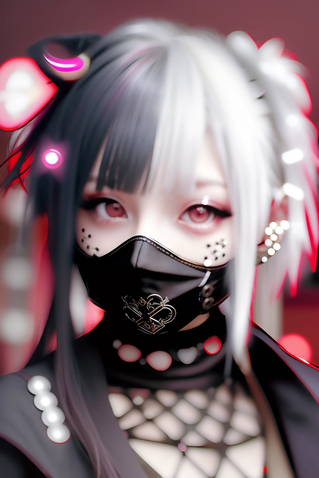 red、Red-haired、goth_punk, 1girl in, 独奏, medium shot, Walking in Harajuku, ((during night)), bokeh dof, Neon light, Iridescent eyes, starrysky, red glowing hair, White eyebrows, Radiant hair, (iridescent white hair), 耳Nipple Ring, bangss, jewely, masks, bluntbangs, verd s eyes, Mouth mask, blurry backround, bblurry, hair adornments, Look at viewers, shorth hair, portraitures, side locks