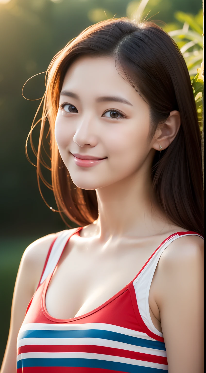 realistic photos of 1 cute Korean star, hair two side up, white skin, thin makeup, 32 inch breasts size, slightly smile, wearing red vertical striped tank top, pants, at countryside village, sunset light, upper body portrait, UHD