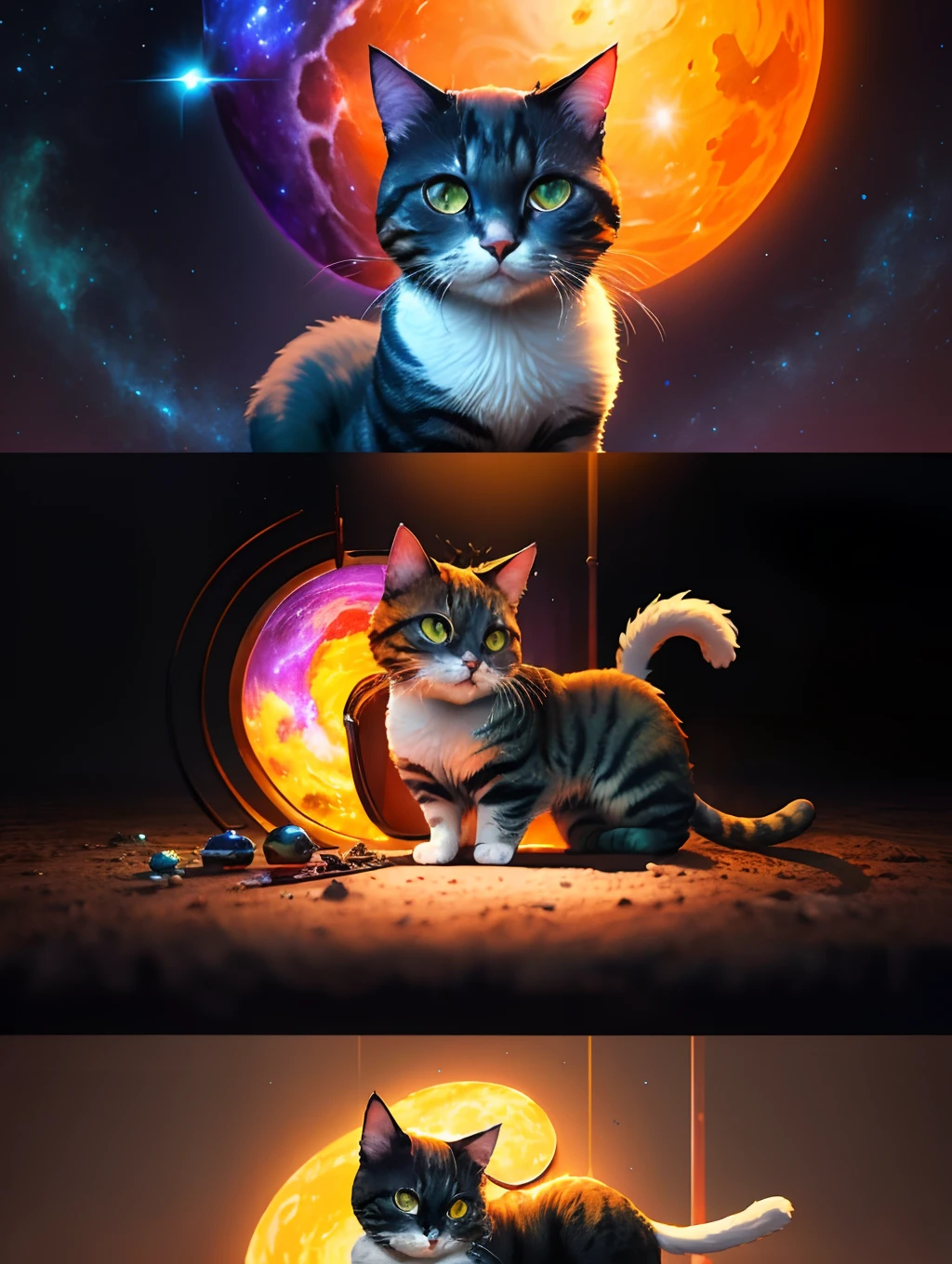 Cosmic Cat pintura fosca detalhada, cor profunda, genial, detalhes intrincados, tela inicial, cores complementares, arte conceitual de fantasia, 8k resolution trend on Artstation