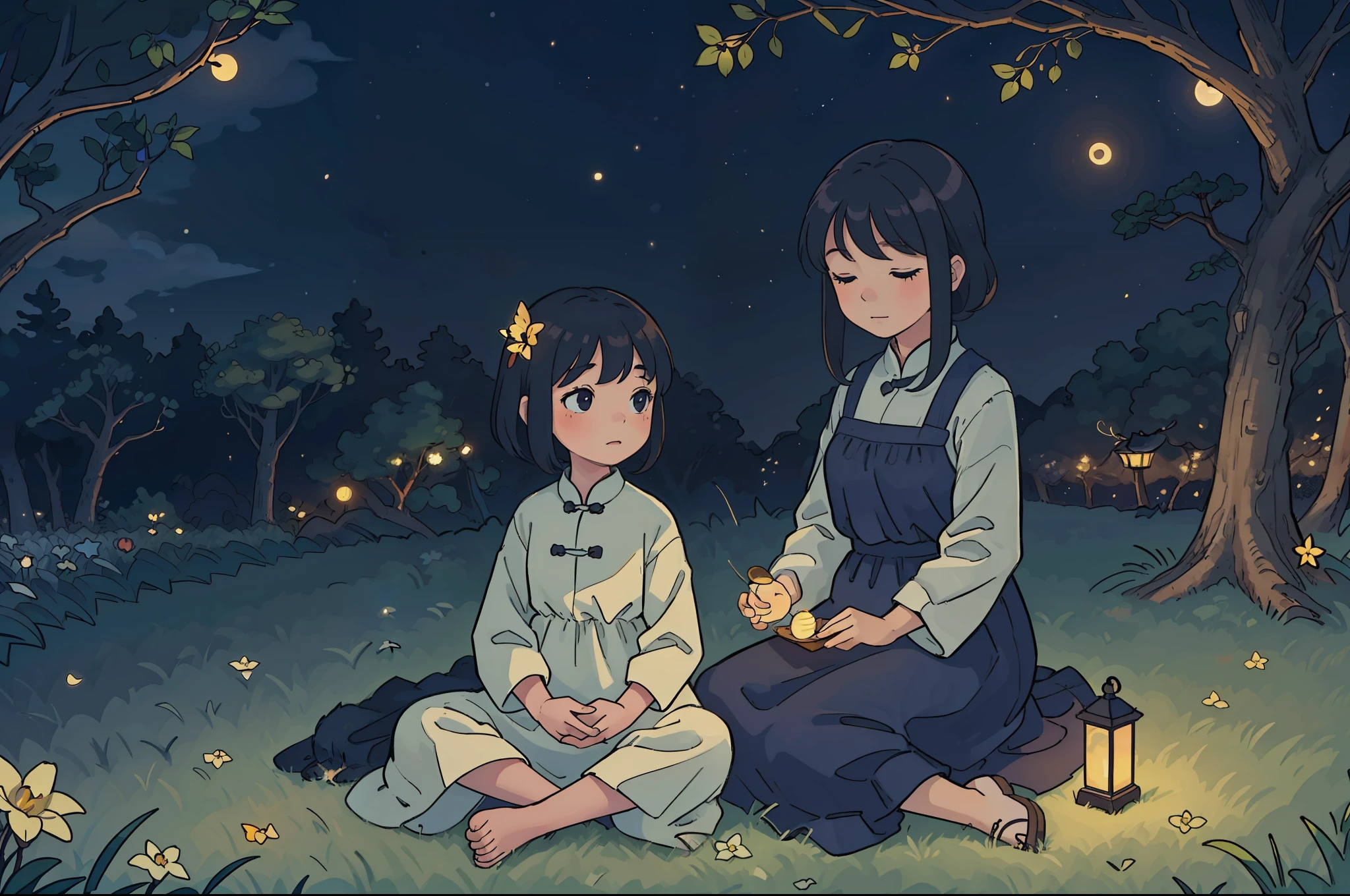 A and her mother sitting together on the grass, under a tree, looking at the starry night, a big dog sleeping. Flowery garden with some antique Chinese lamps. Crescent moon on the sky, some cirrus clouds. Summer night. Tranquility. Swarm of Fireflies. Highly detailed. Very softly illuminated by lamps and fireflies.