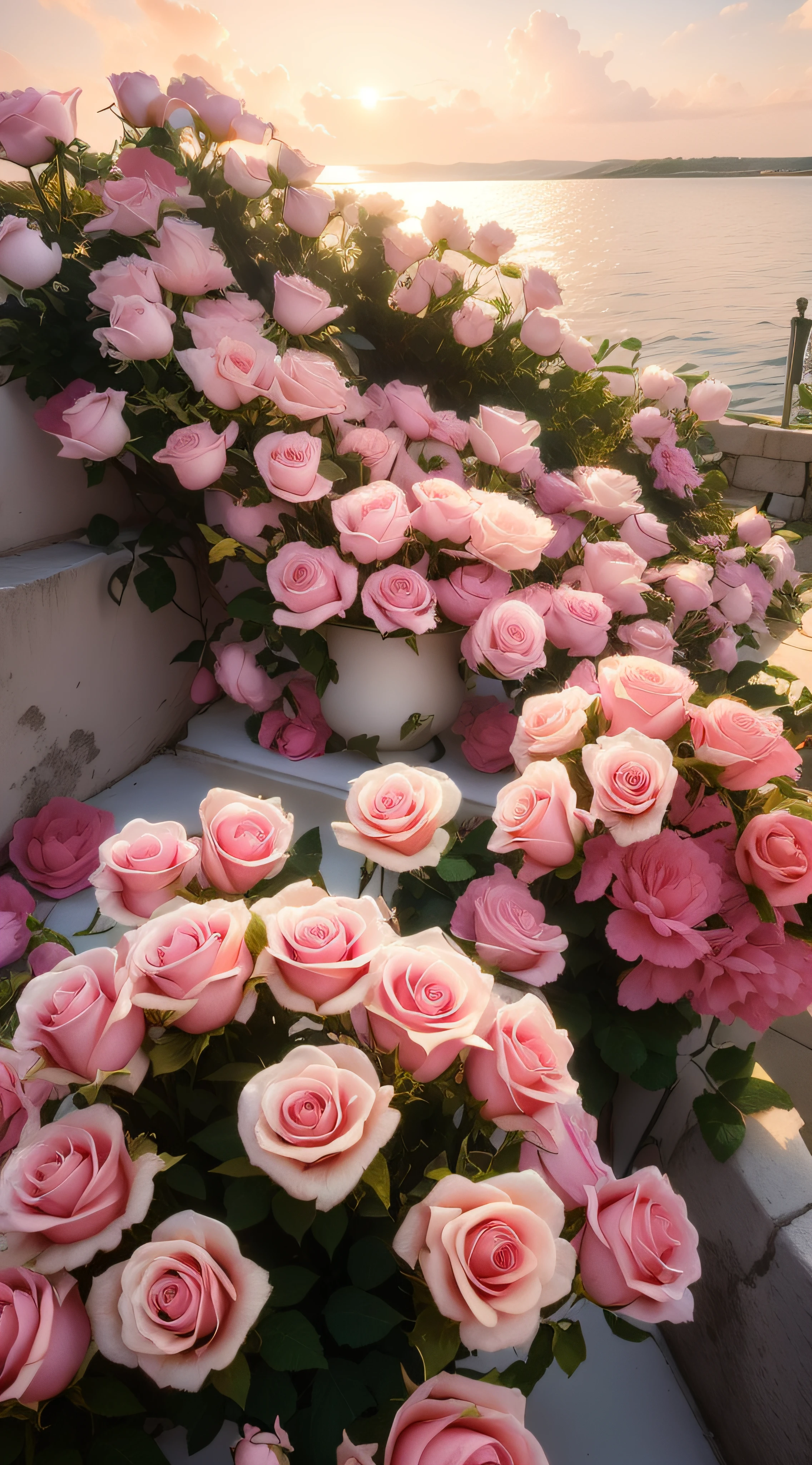 The flowers grow on the steps of buildings near the water's edge, rosses, with frozen flowers around her, beautiful aesthetic, rosette, Beautiful image, Beautiful and aesthetic, beutifull, red roses at the top, Beautiful flowers, roses in cinematic light, big breasts beautiful, with soft pink colors, very very beautiful, Incredibly beautiful, decorative roses, white and pink