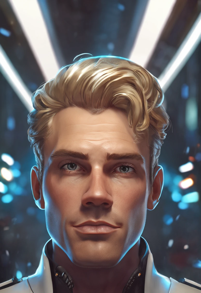 Futuristic portrait of European blonde businessman with drill hair, Legal Ringlet, Corkscrew curl, 科幻小说, tech wear, glowing lights, Direct gaze, symmetry, depth of fields, Convoluted, Elegant, Highly detailed, Digital Painting, art  stations, Concept art, Smooth, Sharp Focus, Illustration, art by greg rutkowski, and Boris Vallejo