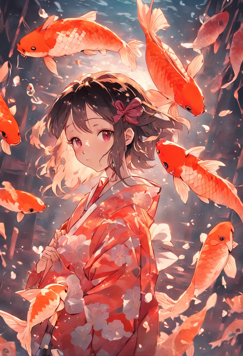 A girl holds a koi fish,Good luck written on the screen accompanies you in Chinese characters,plethora of colors,Excellent details,