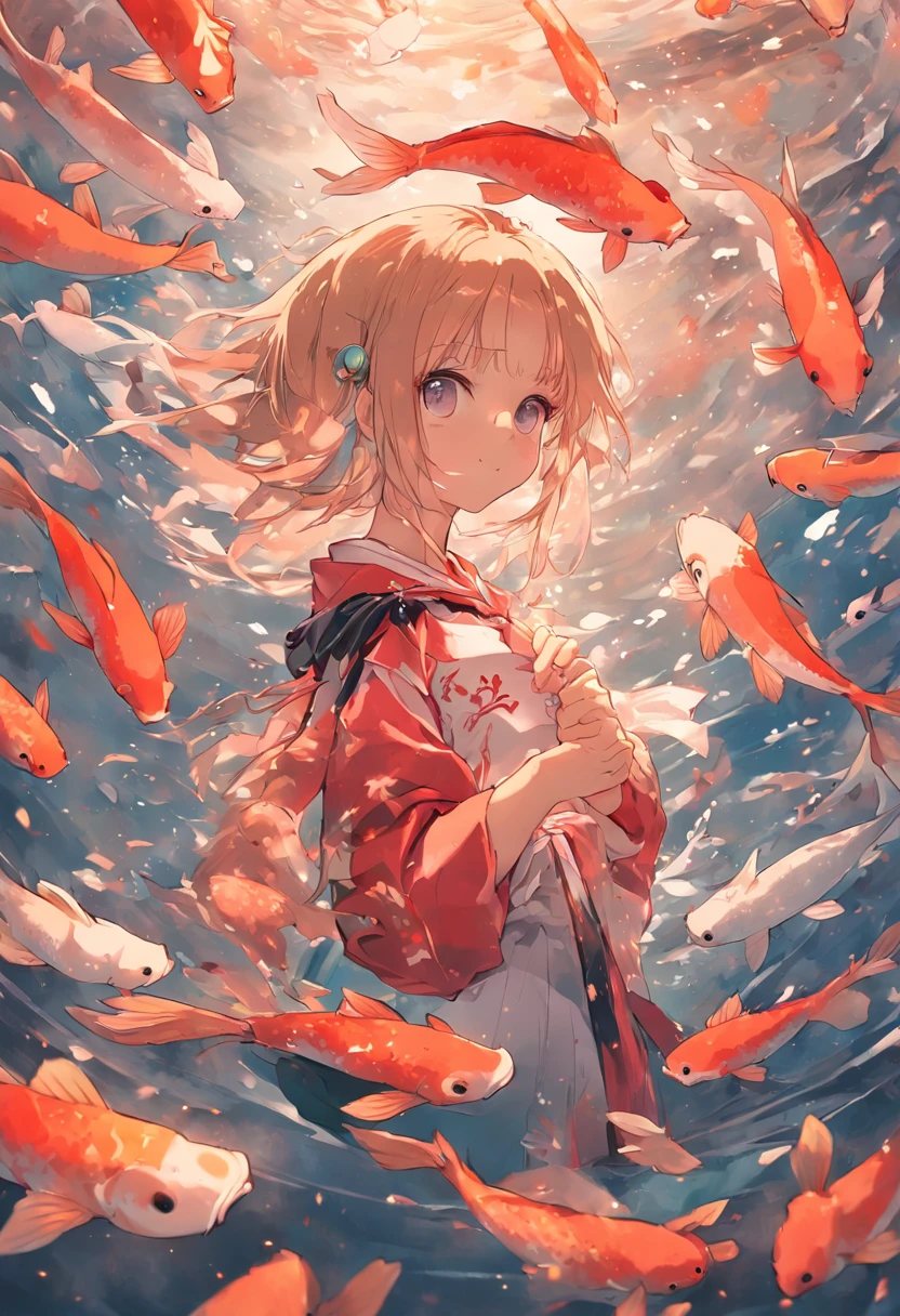 A girl holds a koi fish,Good luck written on the screen accompanies you in Chinese characters,plethora of colors,Excellent details,