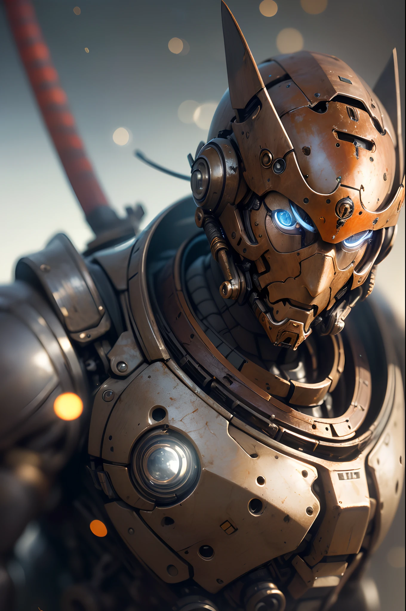 Oto of the portrait of a robot SAMURAI in a mechanical armor used, (((bokeh clear)), intricate, (steel metal [rust]), sharp and elegant focus, photo by greg rutkowski, soft lighting, vibrant colors, masterpiece, detailed image.