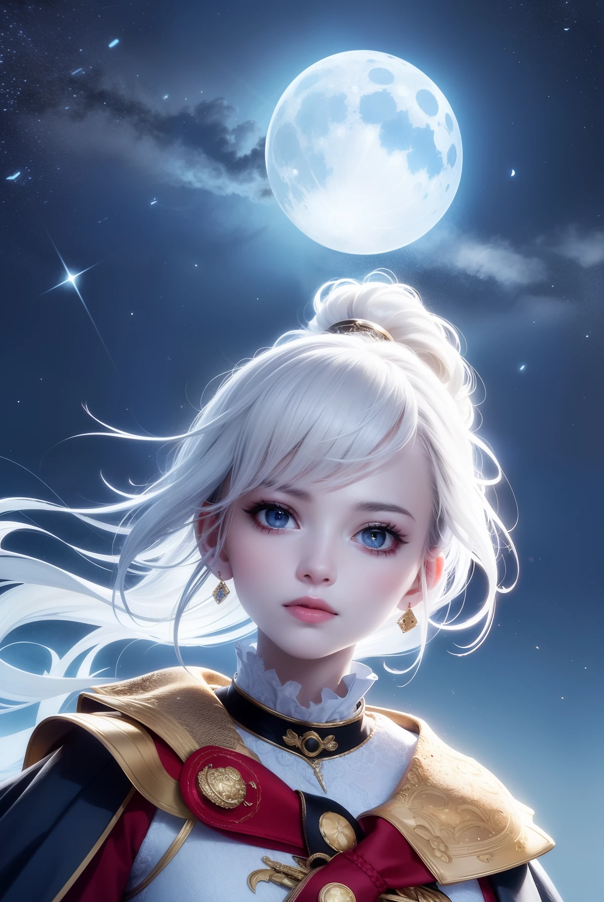 Masterpiece, (Best Quality: 1.2), (Super Fine: 1.2), Illustration, (Extremely Delicate and Beautiful: 1.2), Film Angle, Floating, (Beautiful Detail Eye: 1.1), (Detail Light: 1.1), Film Lights, Delicate Sky, Woman, White Hair, Blue Eyes, (High Ponytail: 1.1), Cloak, Glowing Eyes, (Moon: 1.2), (Moonlight: 1.1), Starry Sky, (Light Particles: 1.1), Fog , snow painting, sketching, blooming