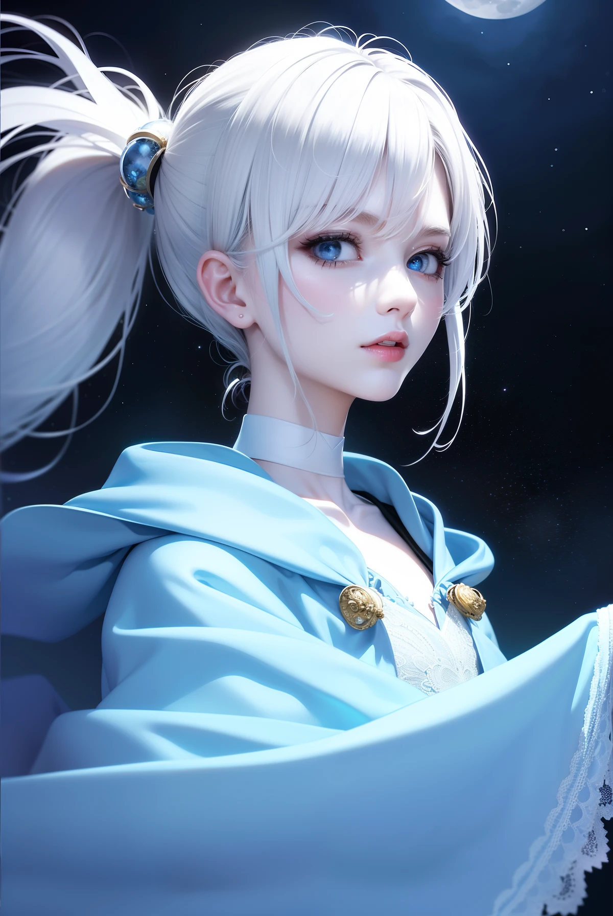 Masterpiece, (Best Quality: 1.2), (Super Fine: 1.2), Illustration, (Extremely Delicate and Beautiful: 1.2), Film Angle, Floating, (Beautiful Detail Eye: 1.1), (Detail Light: 1.1), Film Lights, Delicate Sky, Woman, White Hair, Blue Eyes, (High Ponytail: 1.1), Cloak, Glowing Eyes, (Moon: 1.2), (Moonlight: 1.1), Starry Sky, (Light Particles: 1.1), Fog , snow painting, sketching, blooming